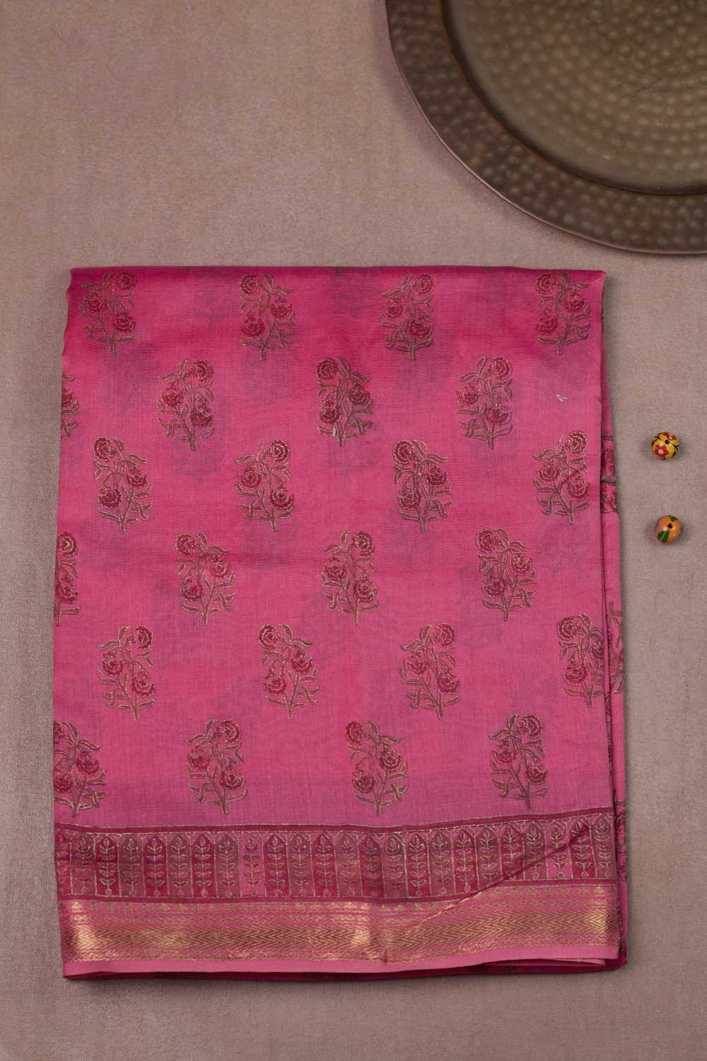 Dark Pink Block Printed Chanderi saree