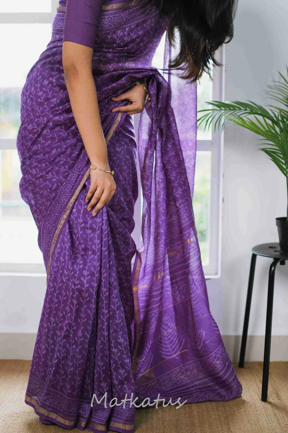 Purple Block Printed Chanderi saree - Image 4