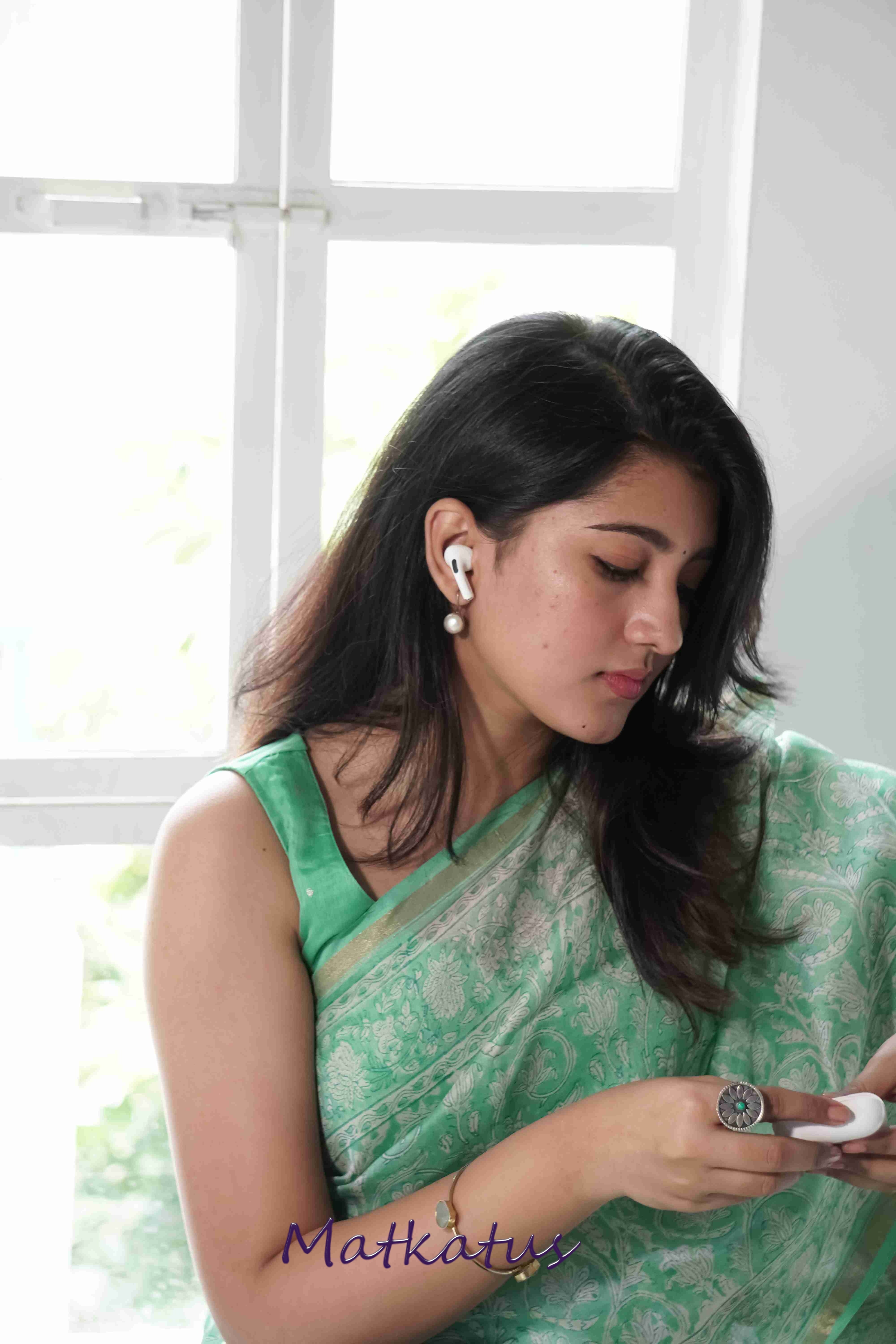 Green Garden Block Printed Chanderi saree - Image 2
