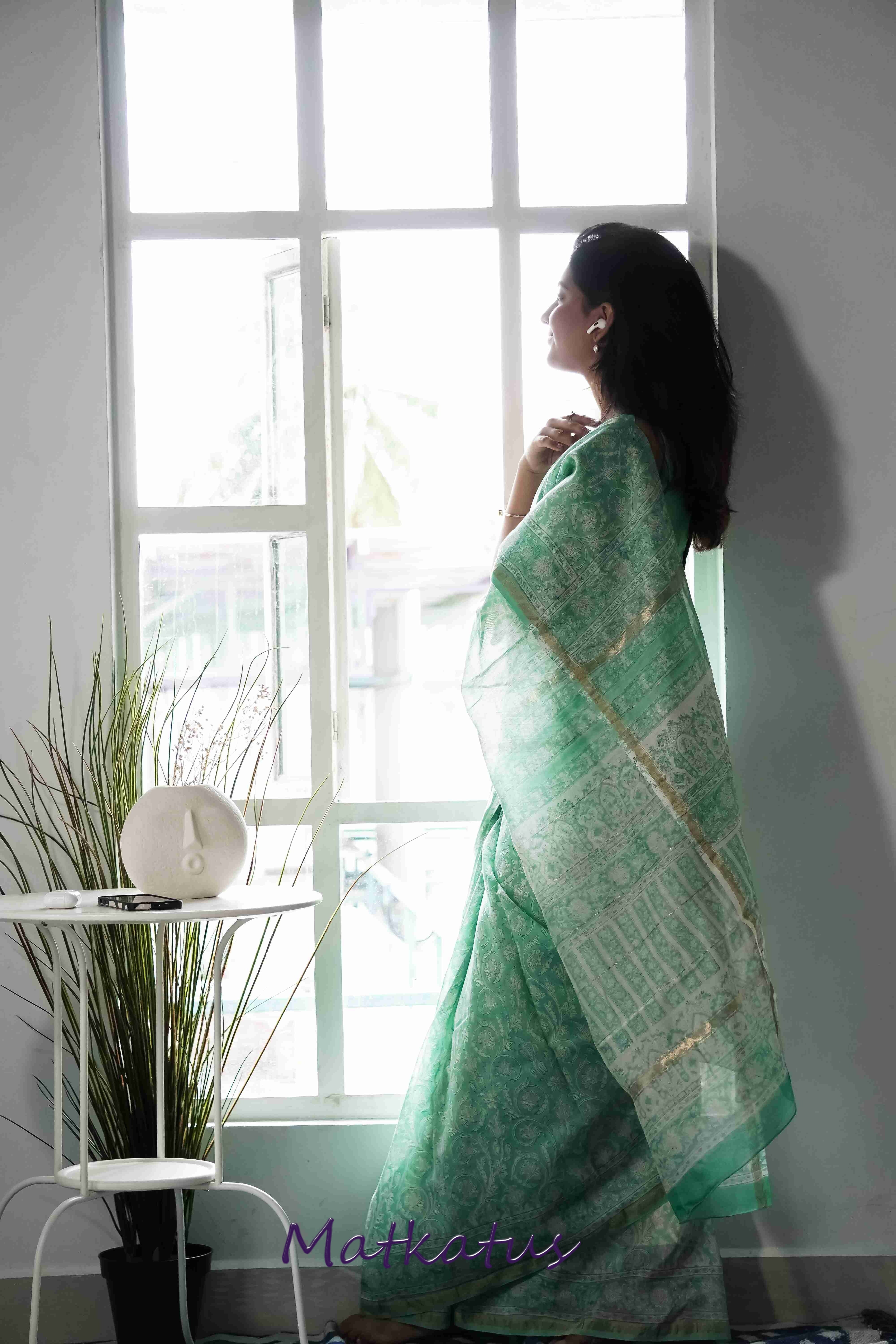 Green Garden Block Printed Chanderi saree - Image 3