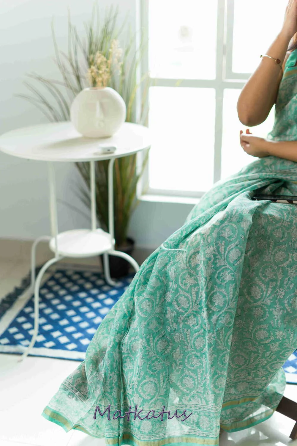 Green Garden Block Printed Chanderi saree - Image 6