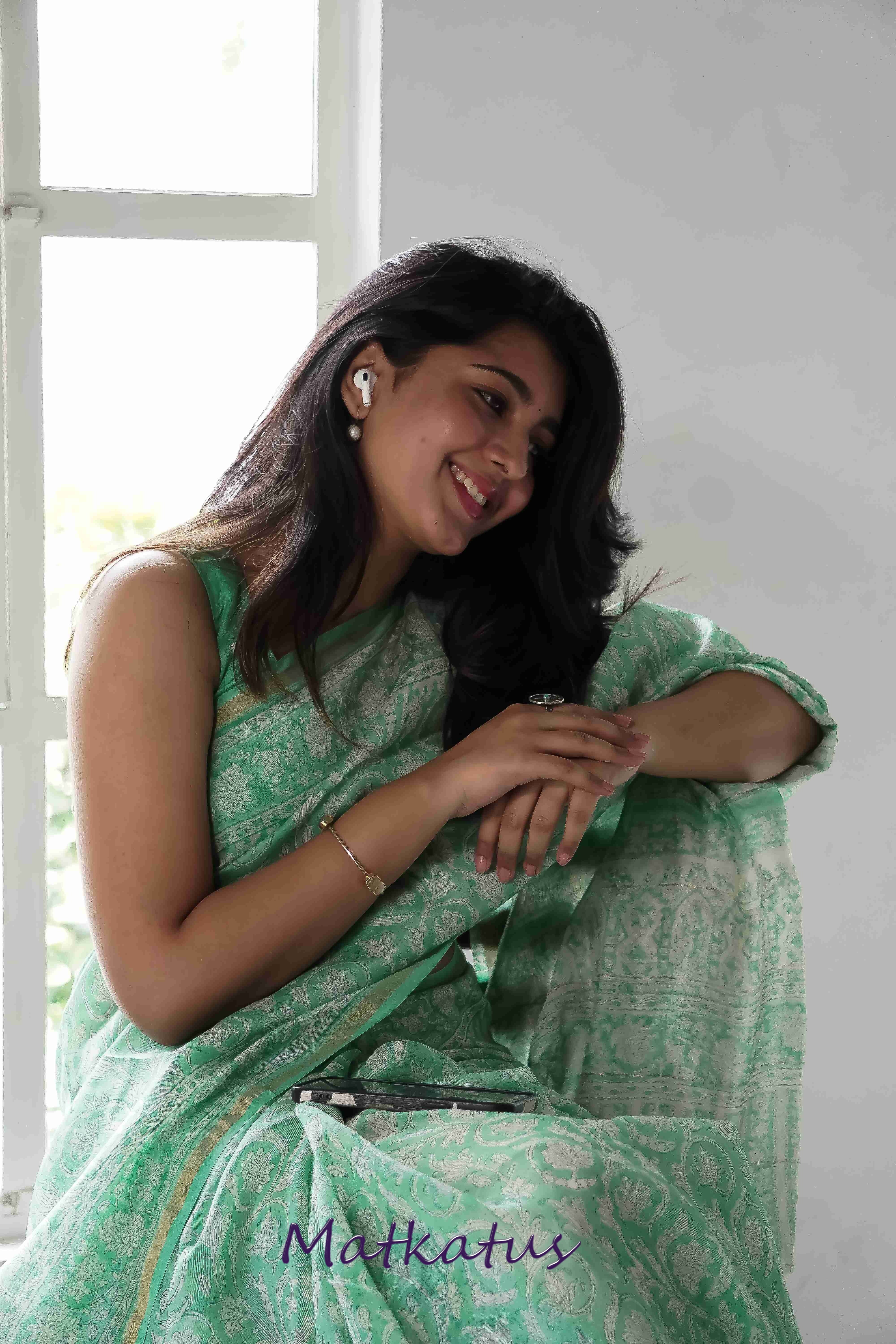 Green Garden Block Printed Chanderi saree - Image 7