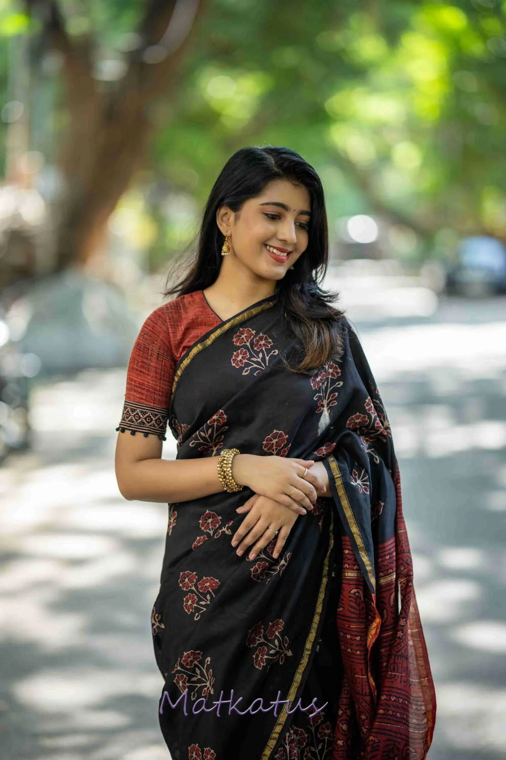 Tri Floral on Black Block Printed Chanderi saree