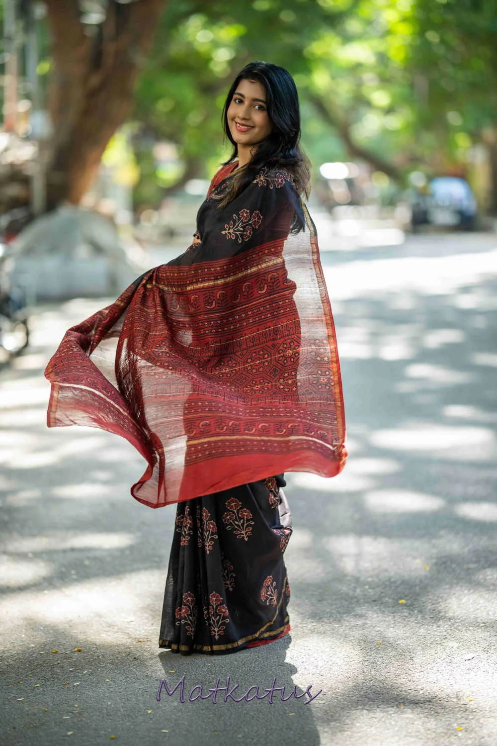 Tri Floral on Black Block Printed Chanderi saree - Image 3