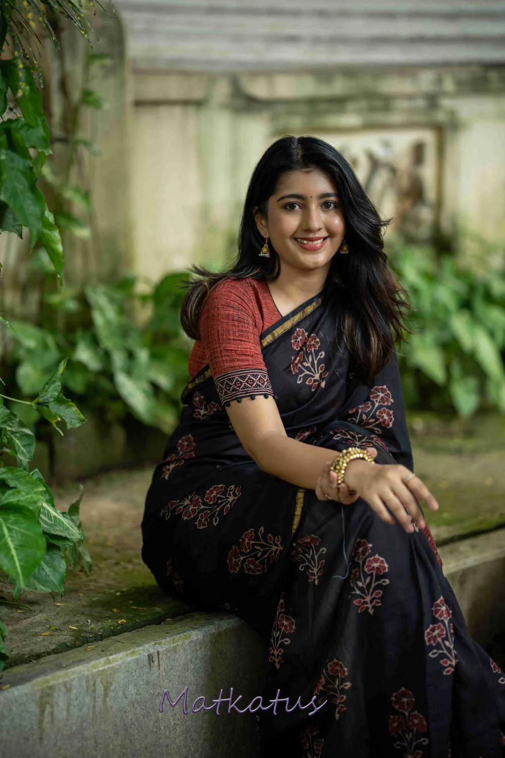 Tri Floral on Black Block Printed Chanderi saree - Image 6
