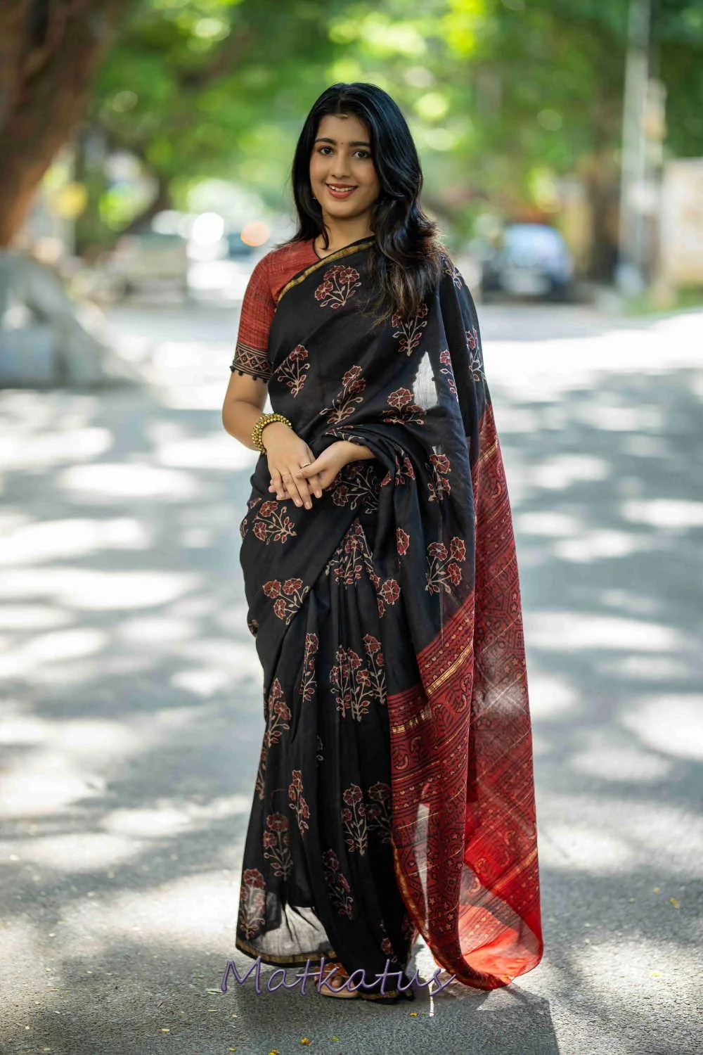 Tri Floral on Black Block Printed Chanderi saree - Image 7