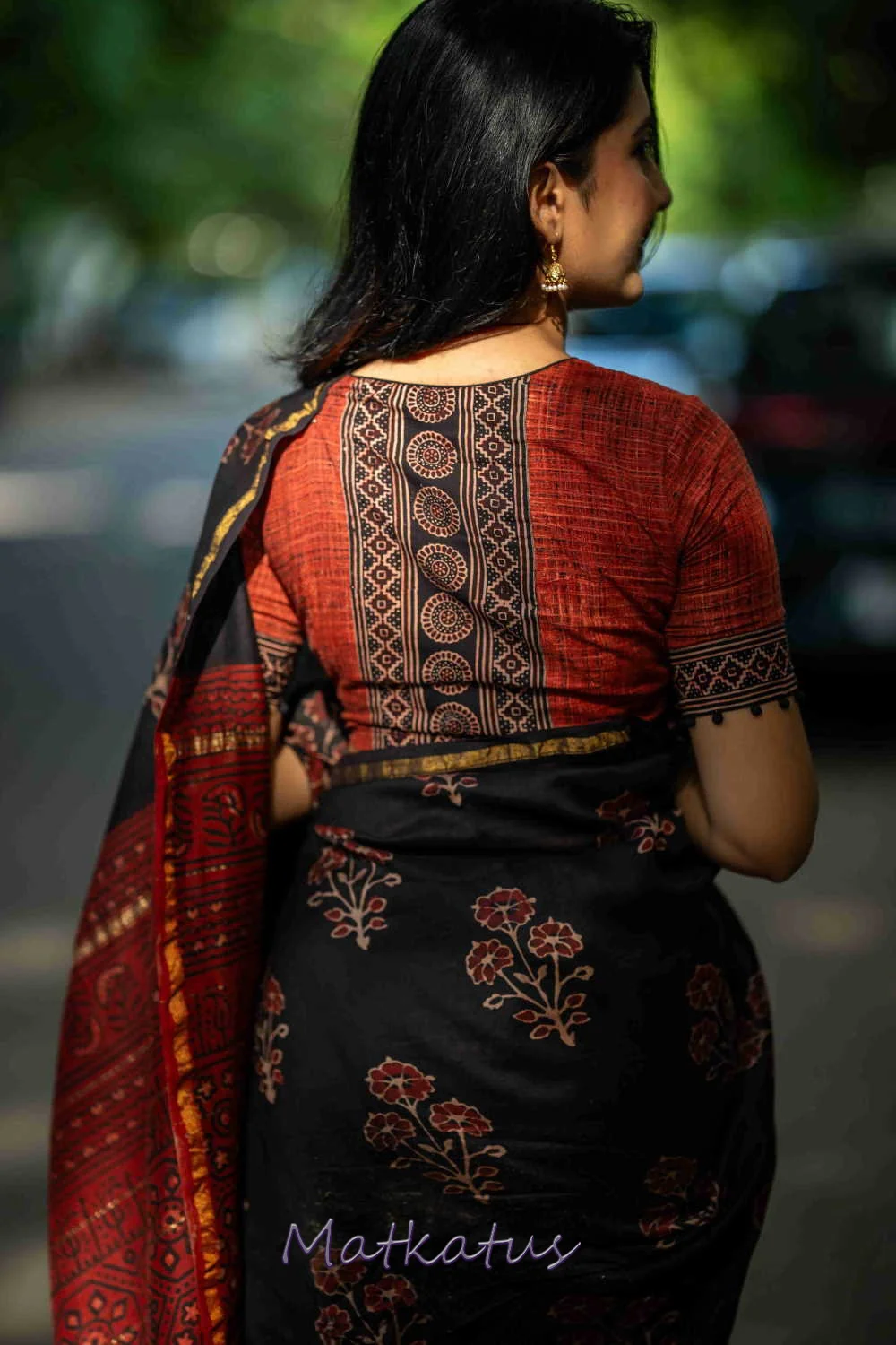 Tri Floral on Black Block Printed Chanderi saree - Image 8