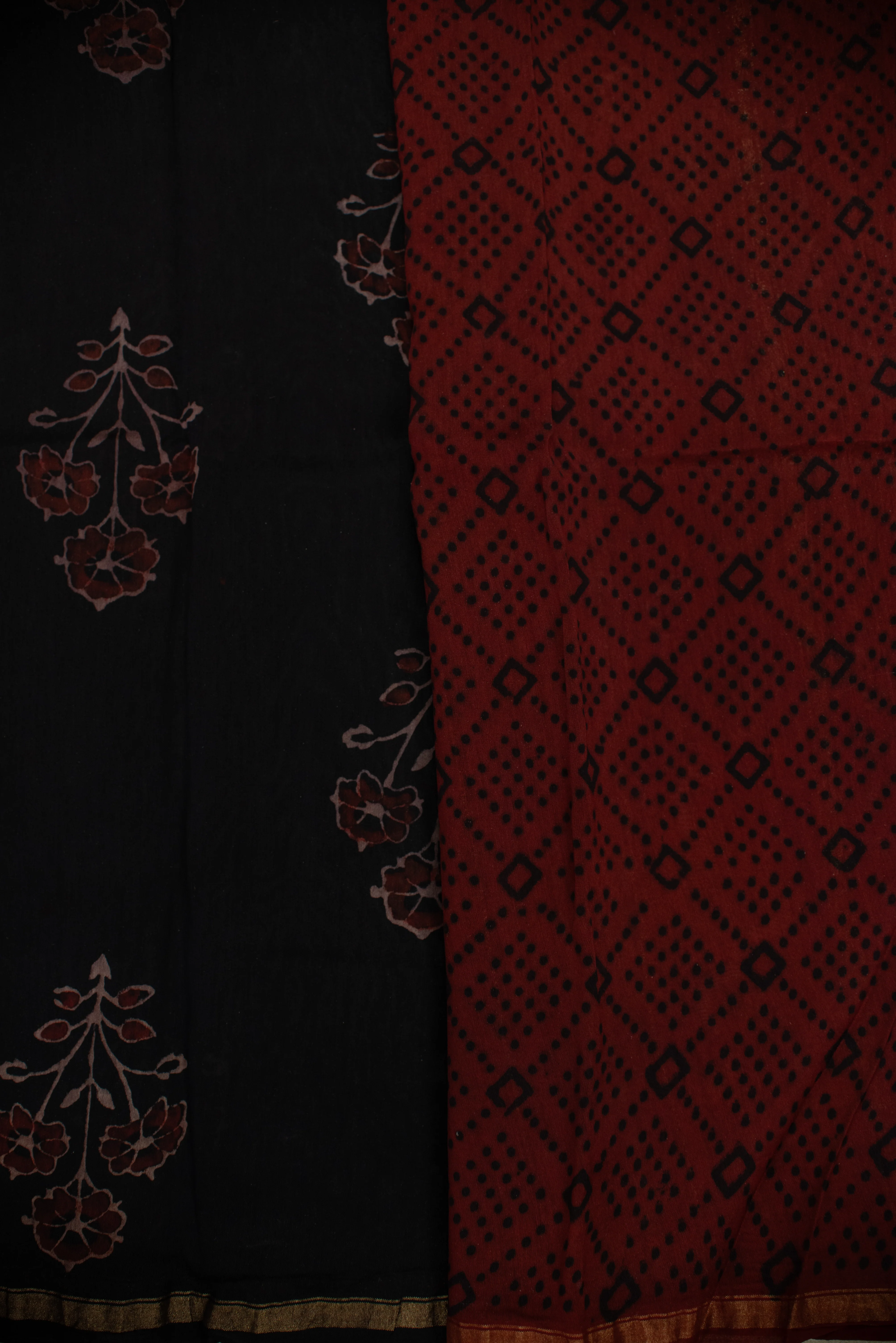 Tri Floral on Black Block Printed Chanderi saree - Image 9