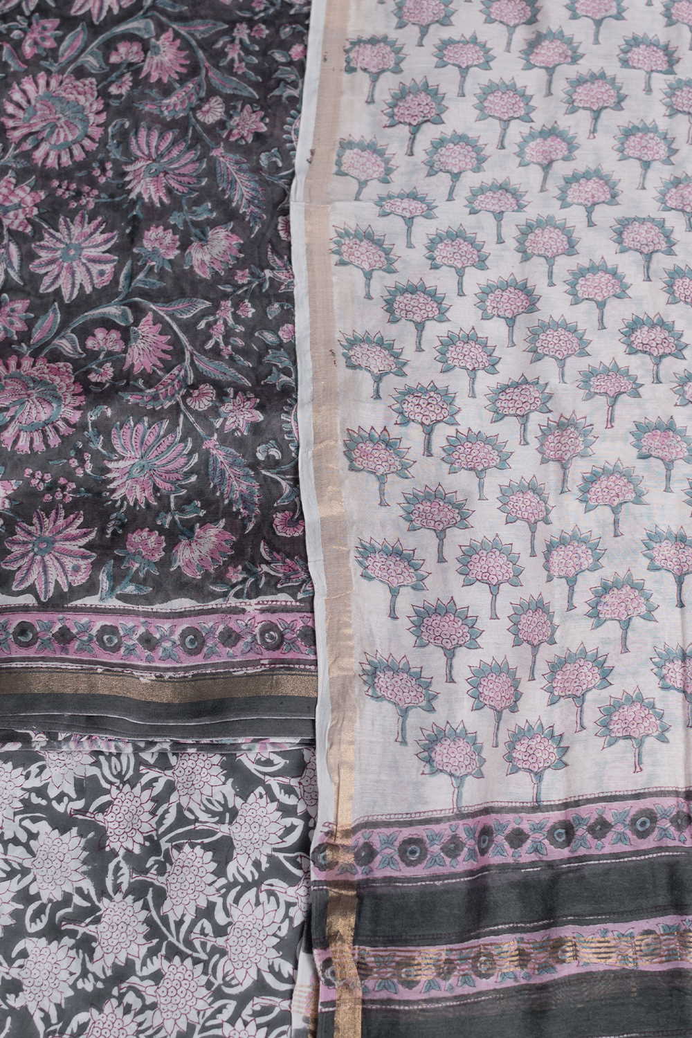 Pink Floral on Grey Block Printed Chanderi Suit - Image 3