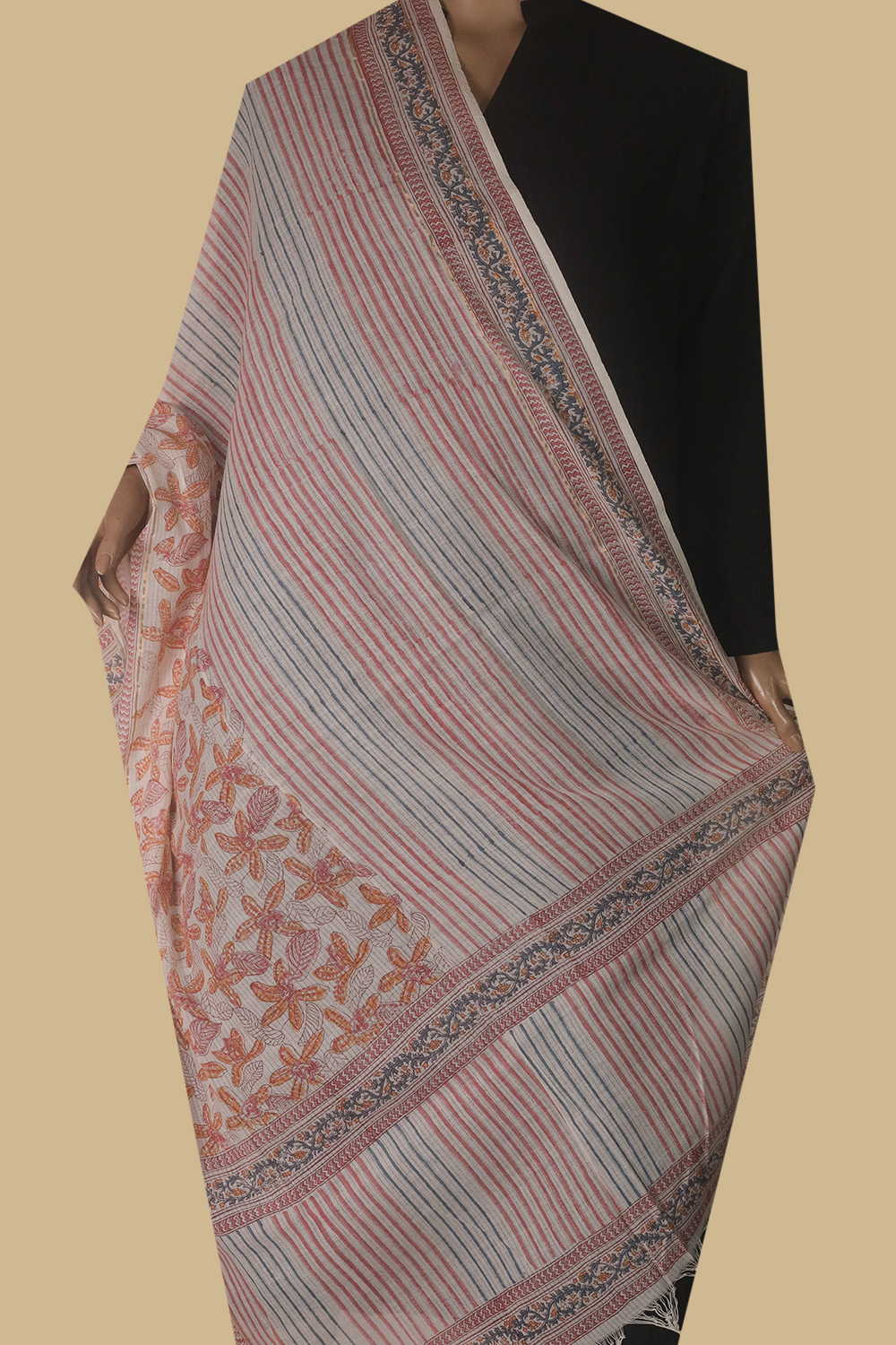 Half Patterned Cream Missing Weave Block Printed Cotton Dupatta