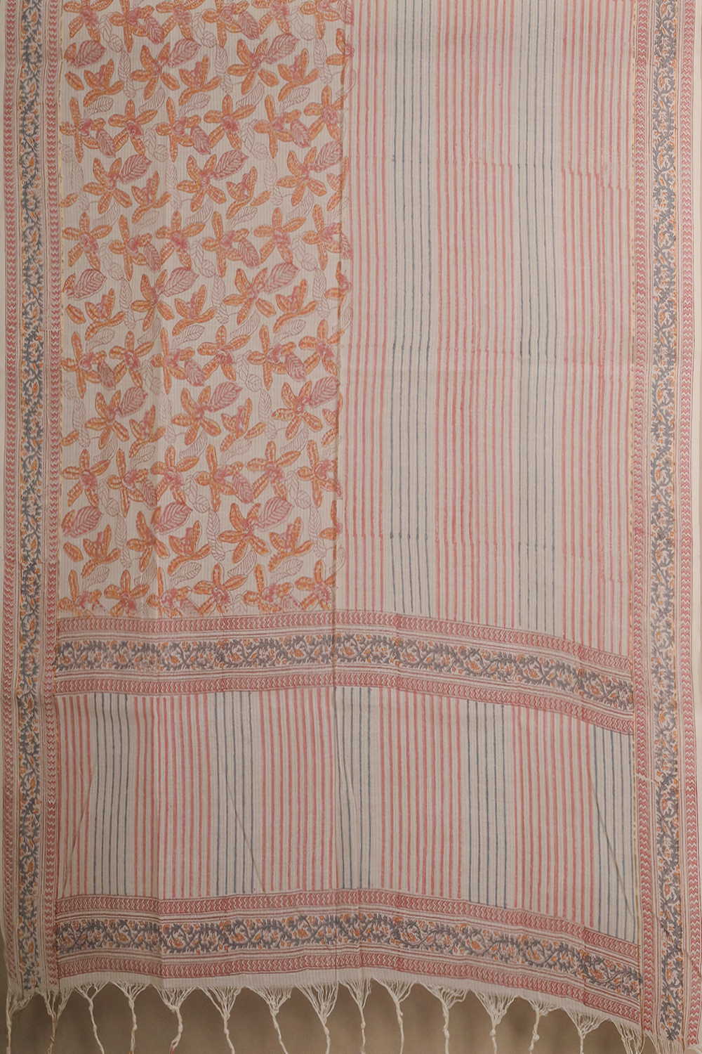Half Patterned Cream Missing Weave Block Printed Cotton Dupatta - Image 3