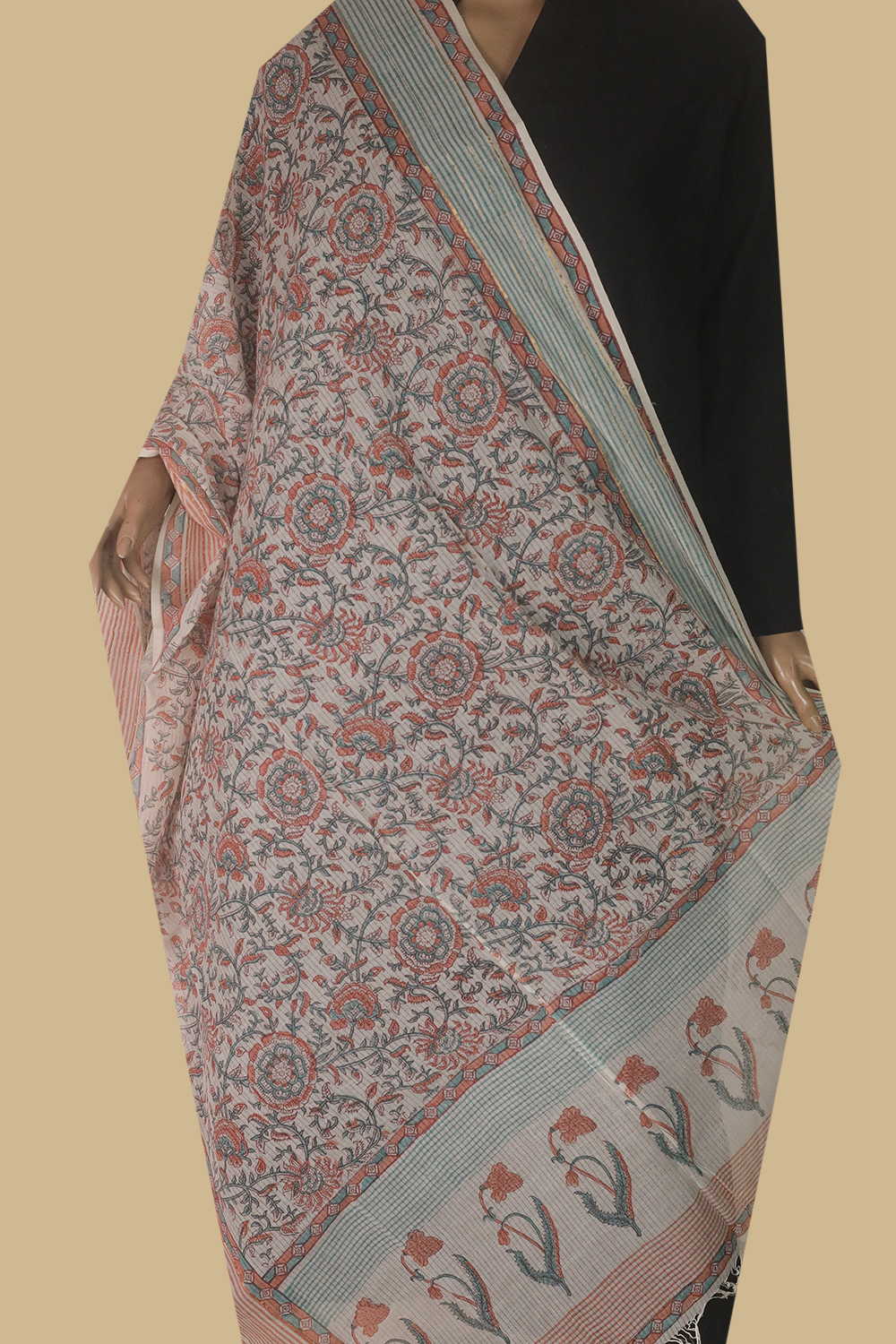 Cream - Floral Veins Missing Weave Block Printed Cotton Dupatta