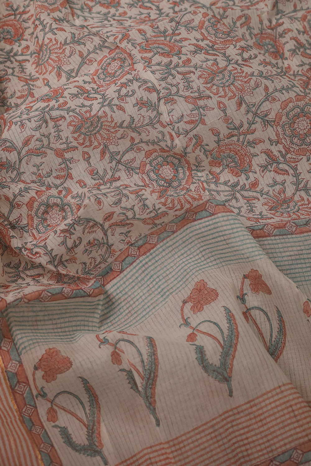 Cream - Floral Veins Missing Weave Block Printed Cotton Dupatta - Image 3