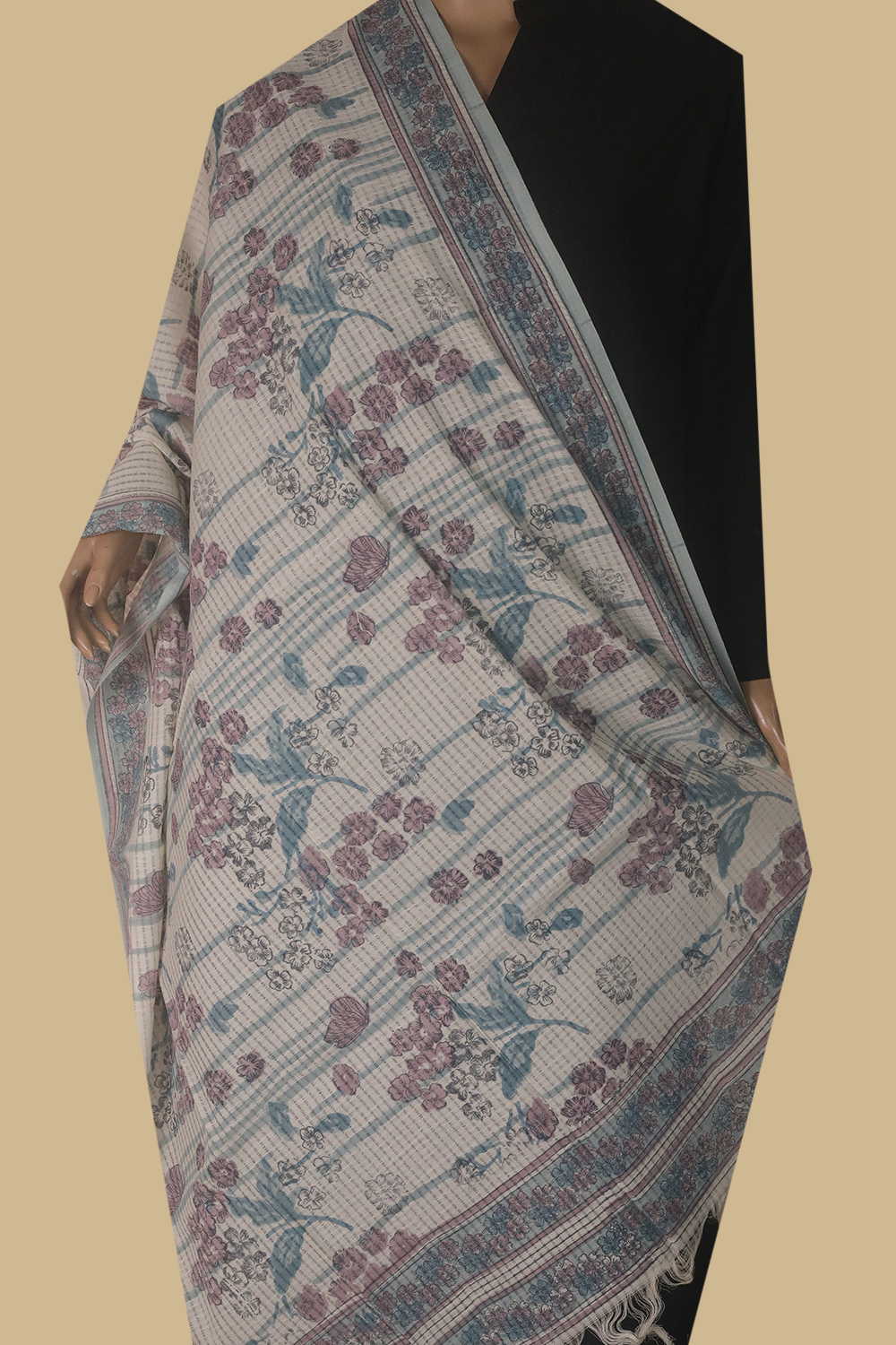 Floret Garden - Cream Missing Weave Block Printed Cotton Dupatta