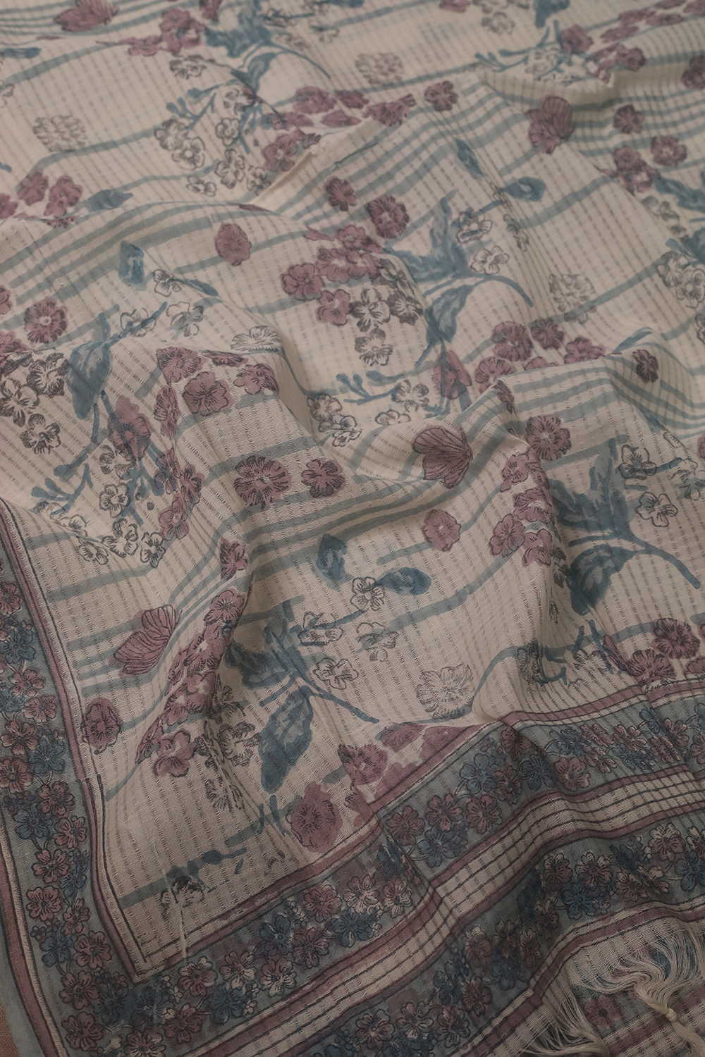 Floret Garden - Cream Missing Weave Block Printed Cotton Dupatta - Image 3