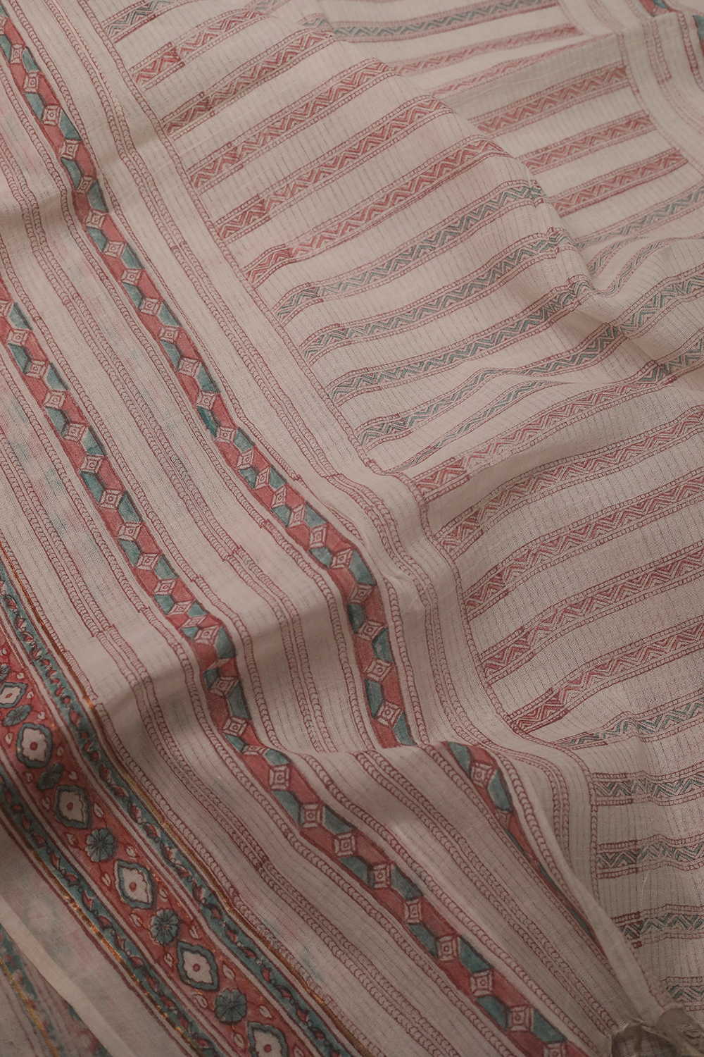 Horizonal Pattern - Cream Missing Weave Block Printed Cotton Dupatta - Image 3