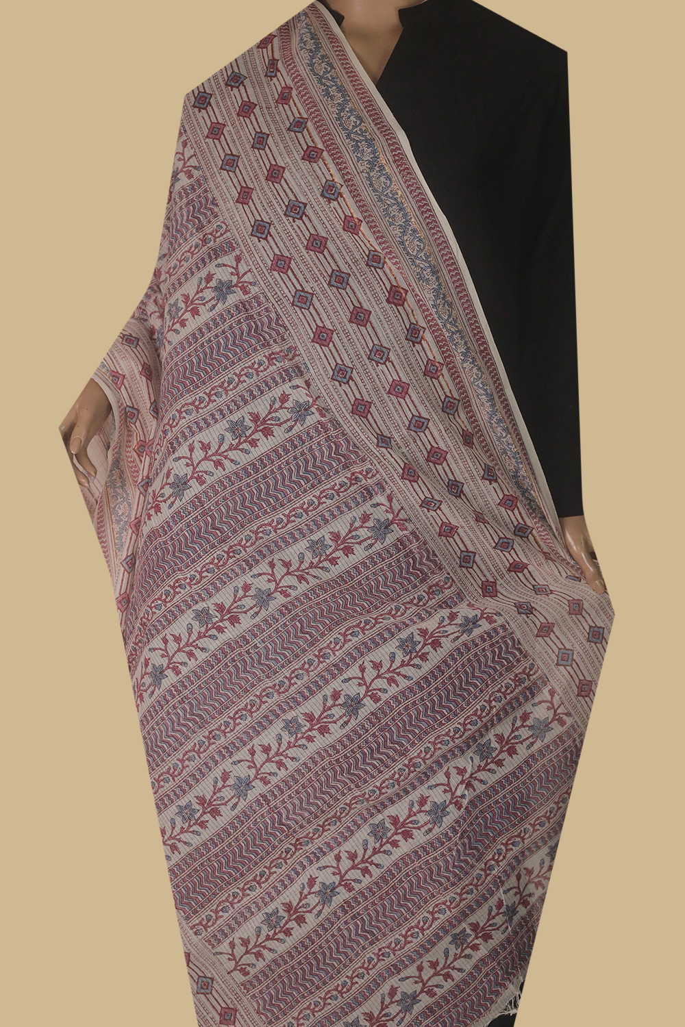 Flower styling - Cream Missing Weave Block Printed Cotton Dupatta