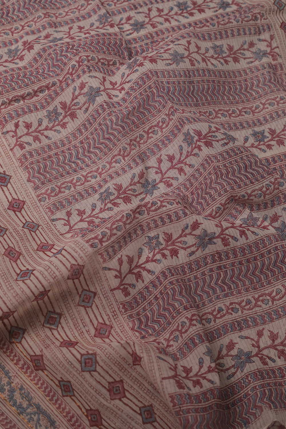 Flower styling - Cream Missing Weave Block Printed Cotton Dupatta - Image 3