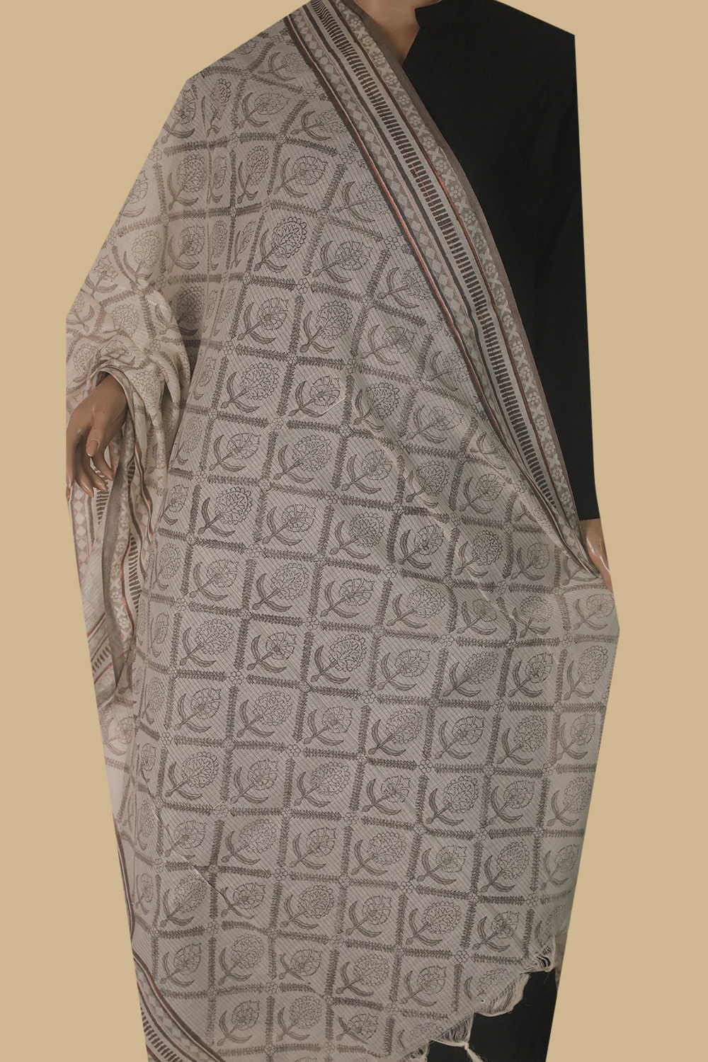 Diagonal Pattern - Grey Missing Weave Block Printed Cotton Dupatta