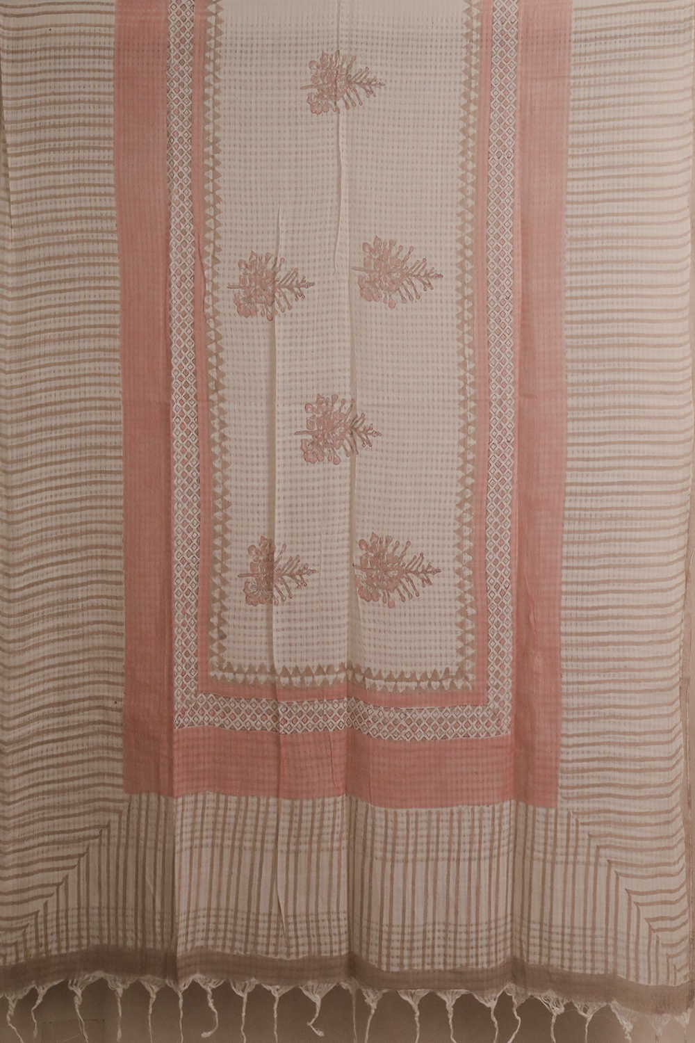 Flower Motifs - Missing Checks Block PrintedCotton Dupatta - Image 2