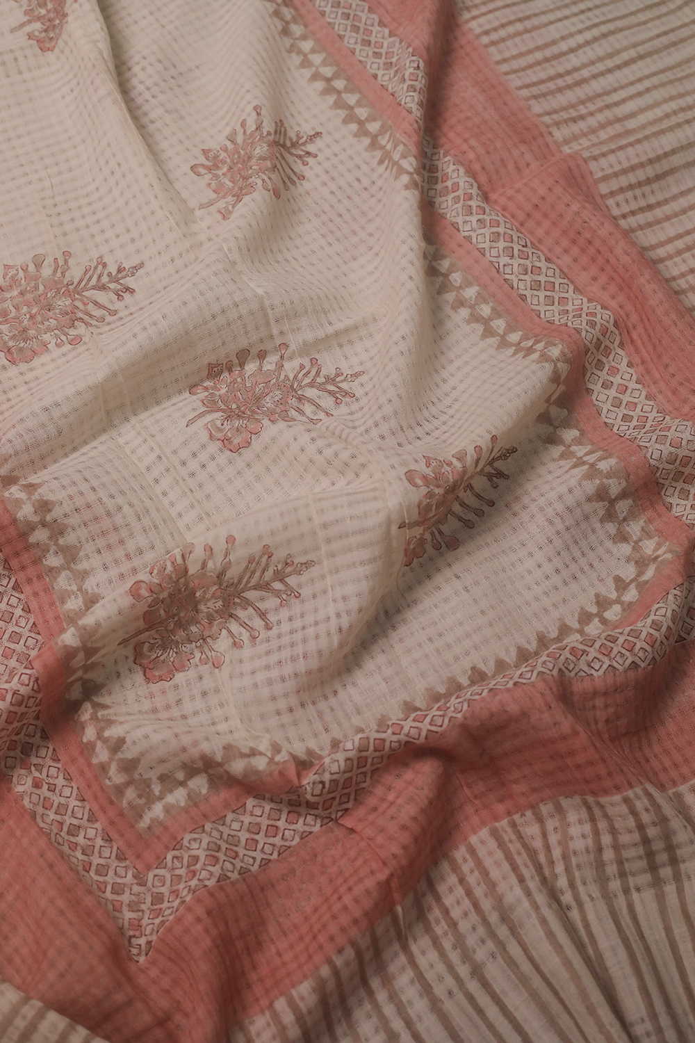 Flower Motifs - Missing Checks Block PrintedCotton Dupatta - Image 3