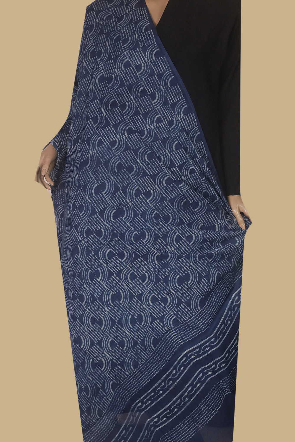 Geometric Pattern - Indigo Block Printed Cotton Dupatta
