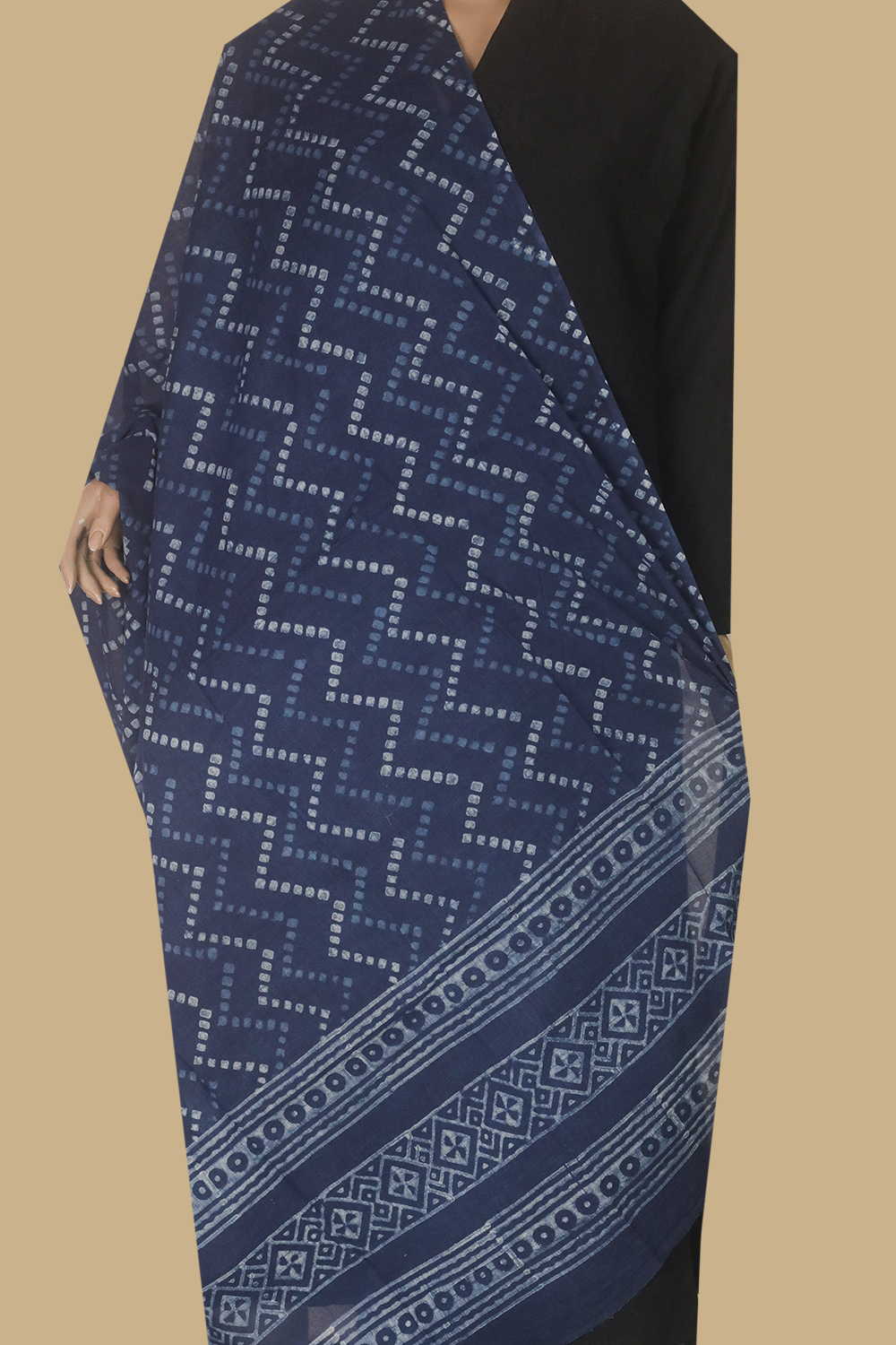 Dotted Chevron - Indigo Block Printed Cotton Dupatta