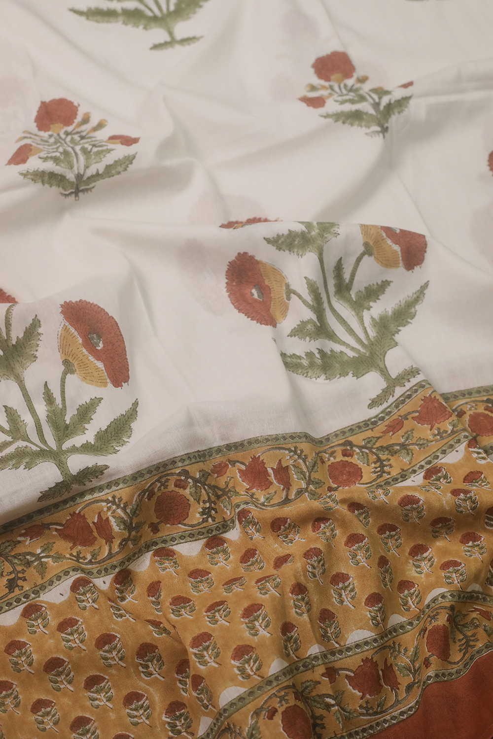 Tri Floral - Cream Block Printed Cotton Dupatta - Image 3