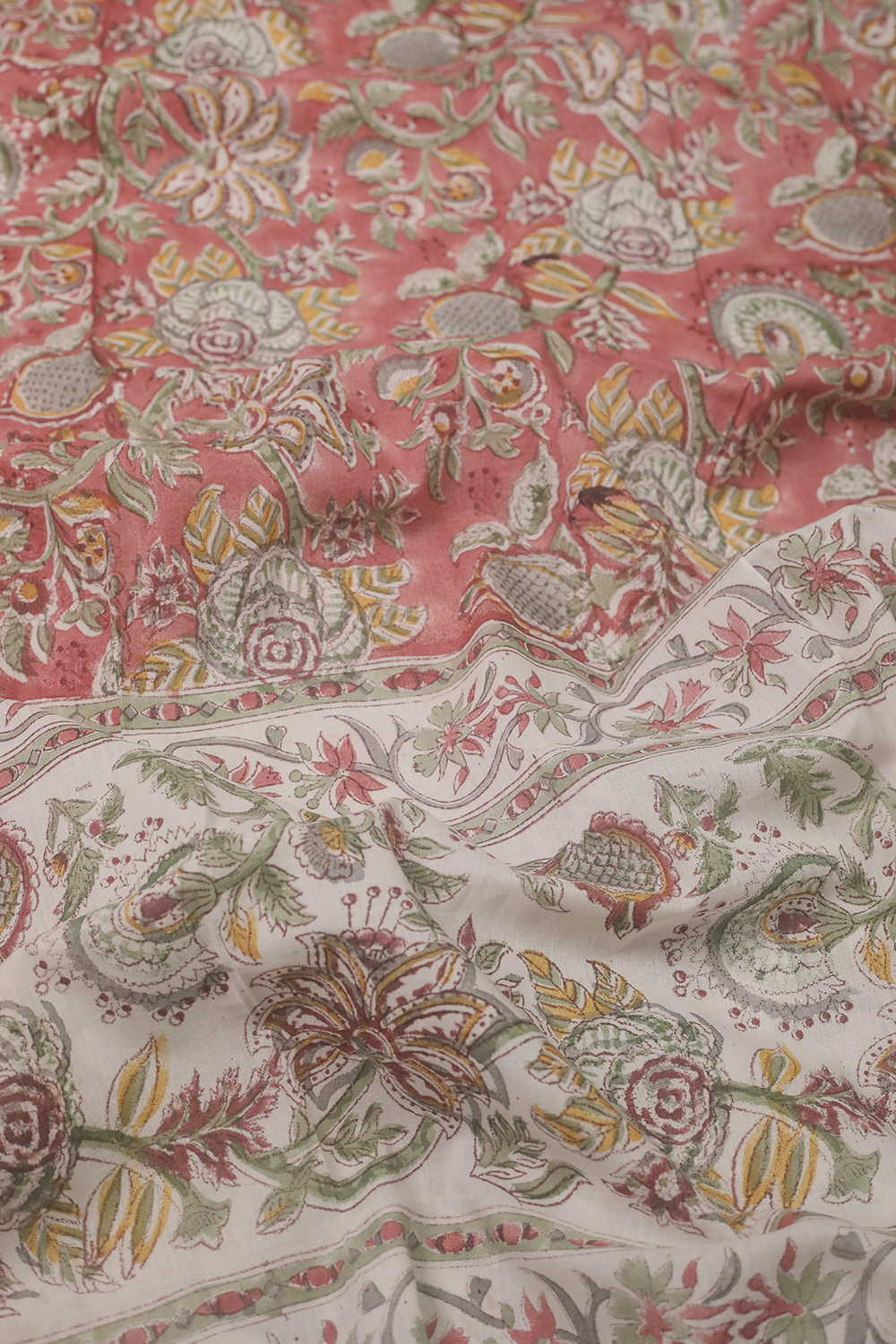 Dense Floral - Pink Block Printed Cotton Dupatta - Image 3