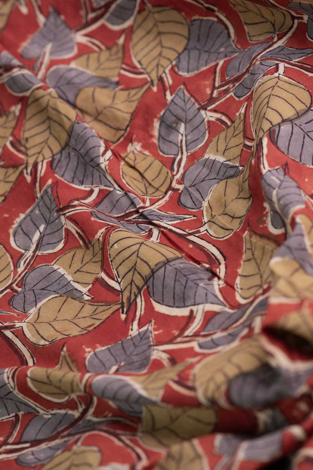 Earthy Leaf Vines Printed Kalamkari Fabric - Image 3