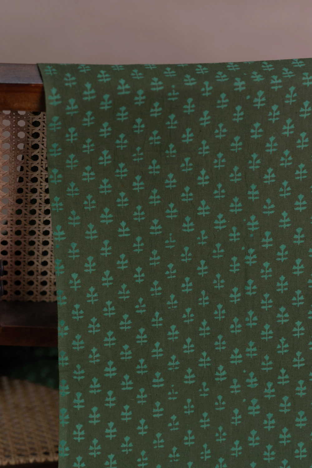 Muted Green Block Printed Cotton Fabric - Image 2