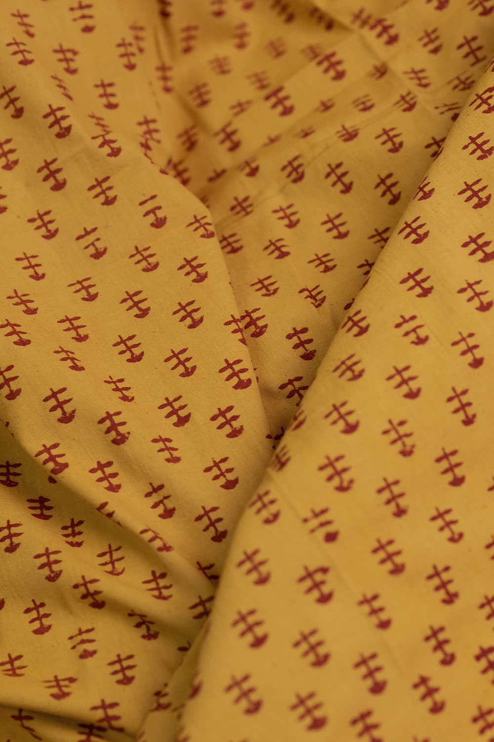 Yellow with Motifs Block Printed Cotton Fabric - Image 3