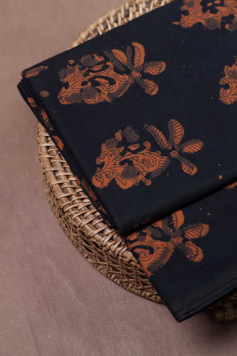 Orange Floral Butta Block Printed Cotton Fabric