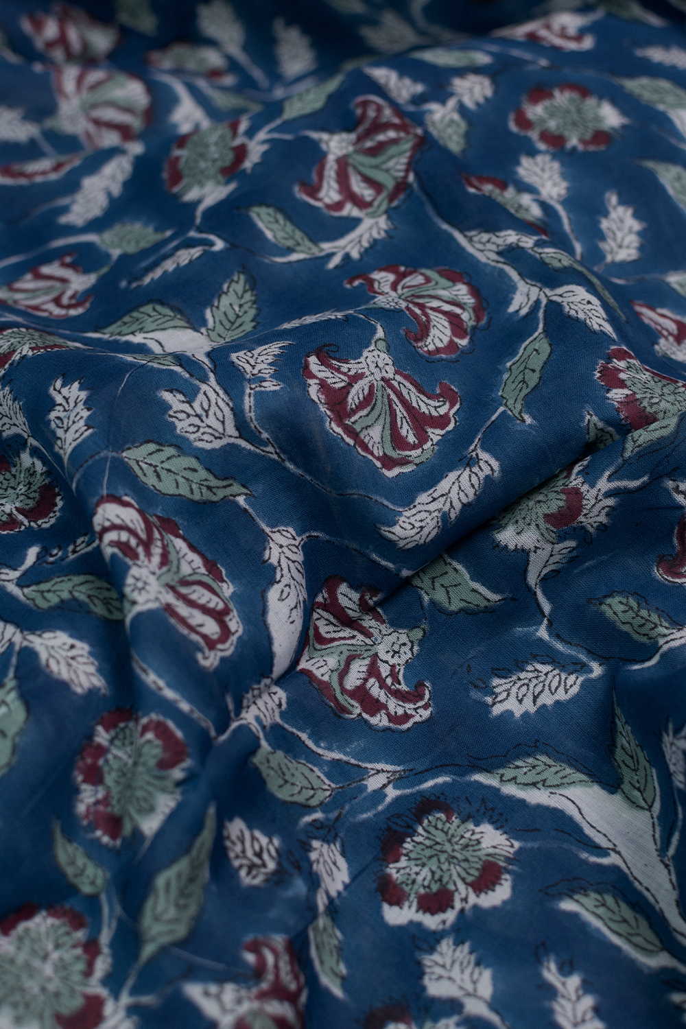 Blue Floral Garden Sanganeri Mul Cotton Fabric - Image 3