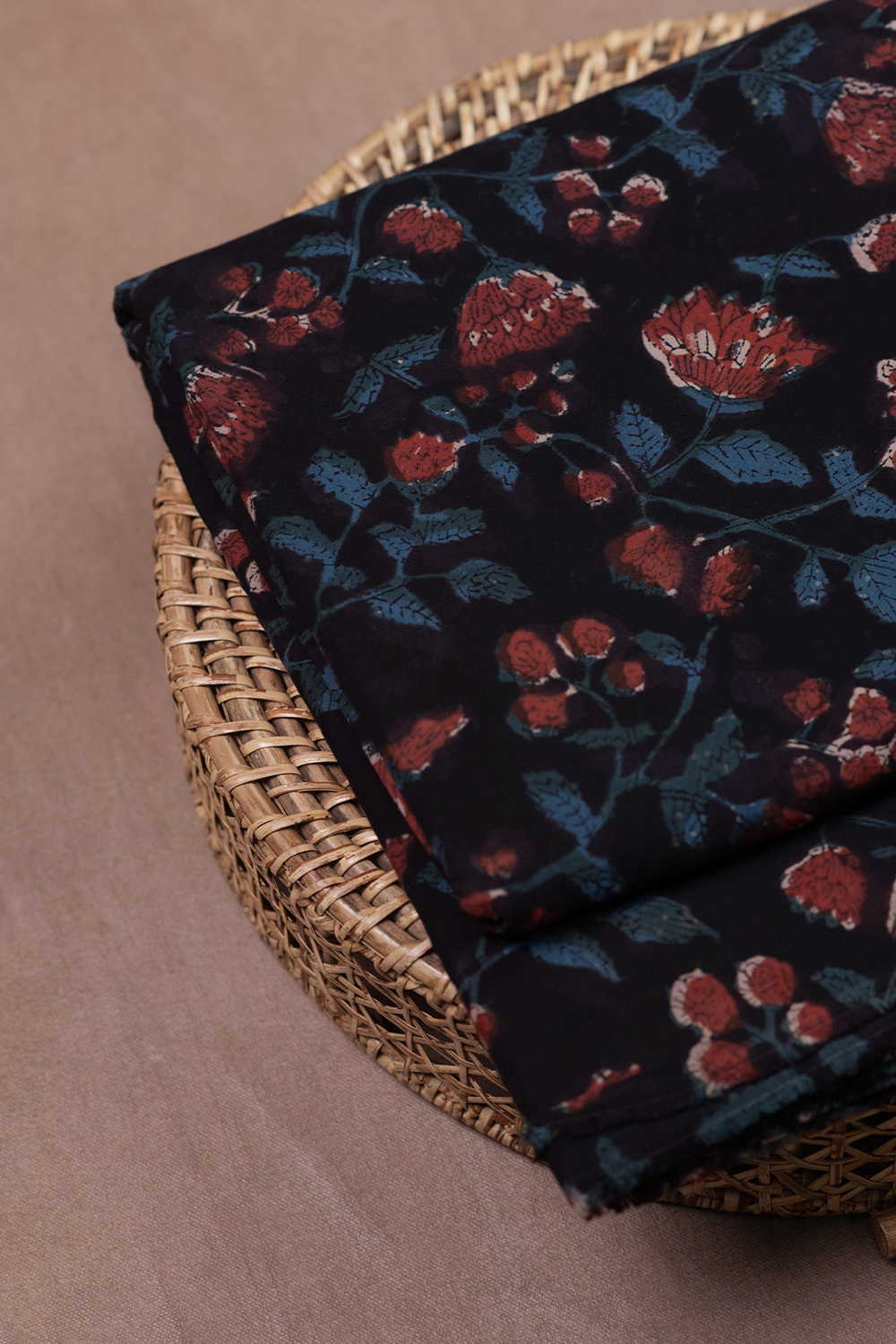 Florals on Black Dabu Cotton Fabric