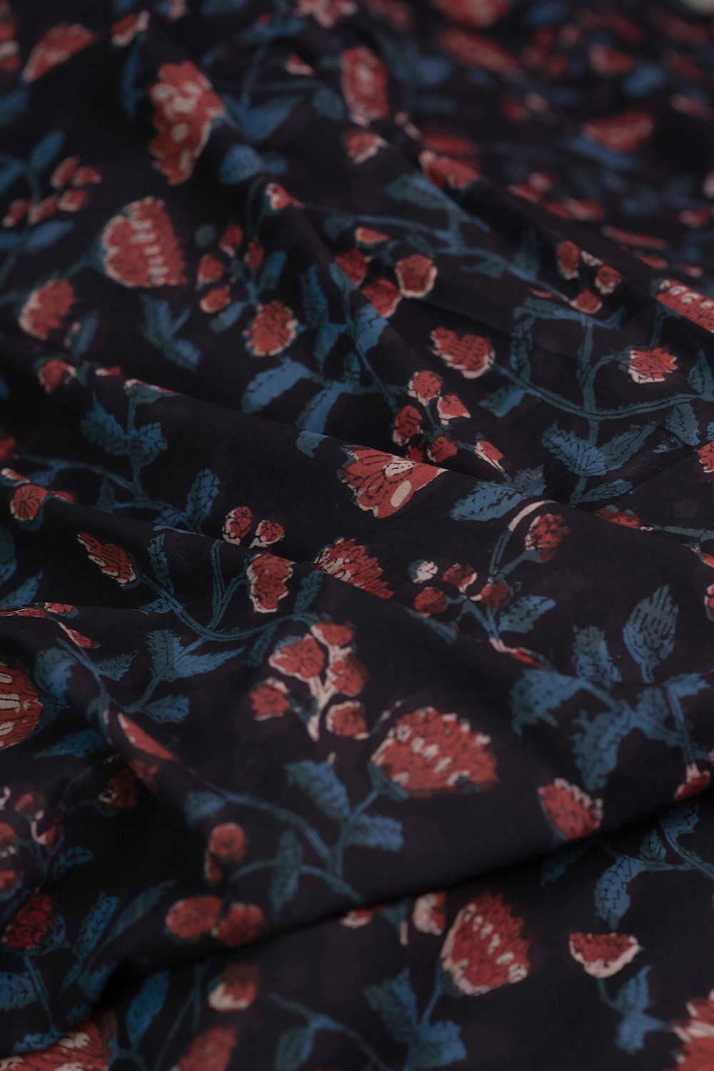 Florals on Black Dabu Cotton Fabric - Image 3