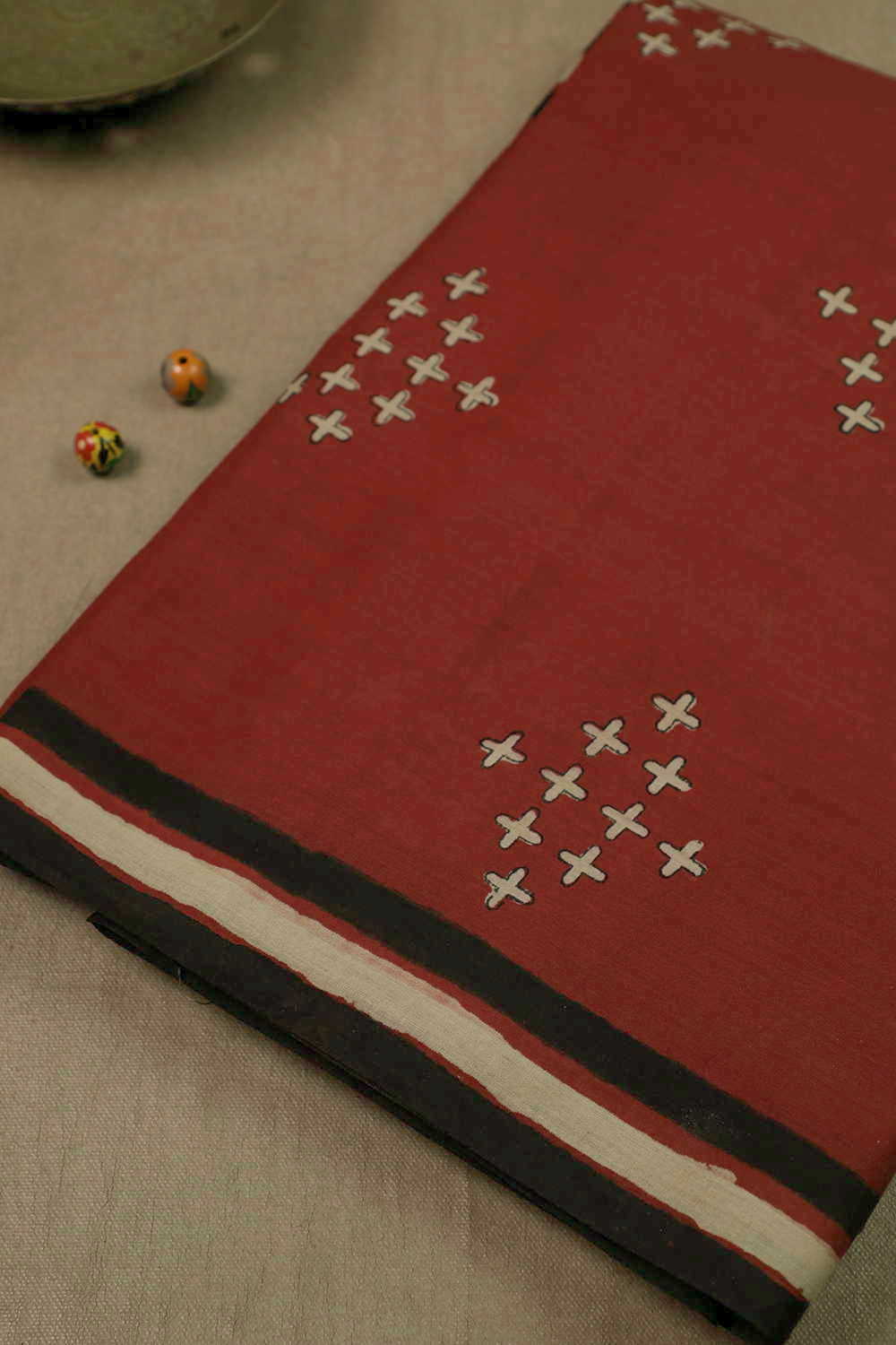 Burgundy Maroon Block Printed Mul Cotton saree