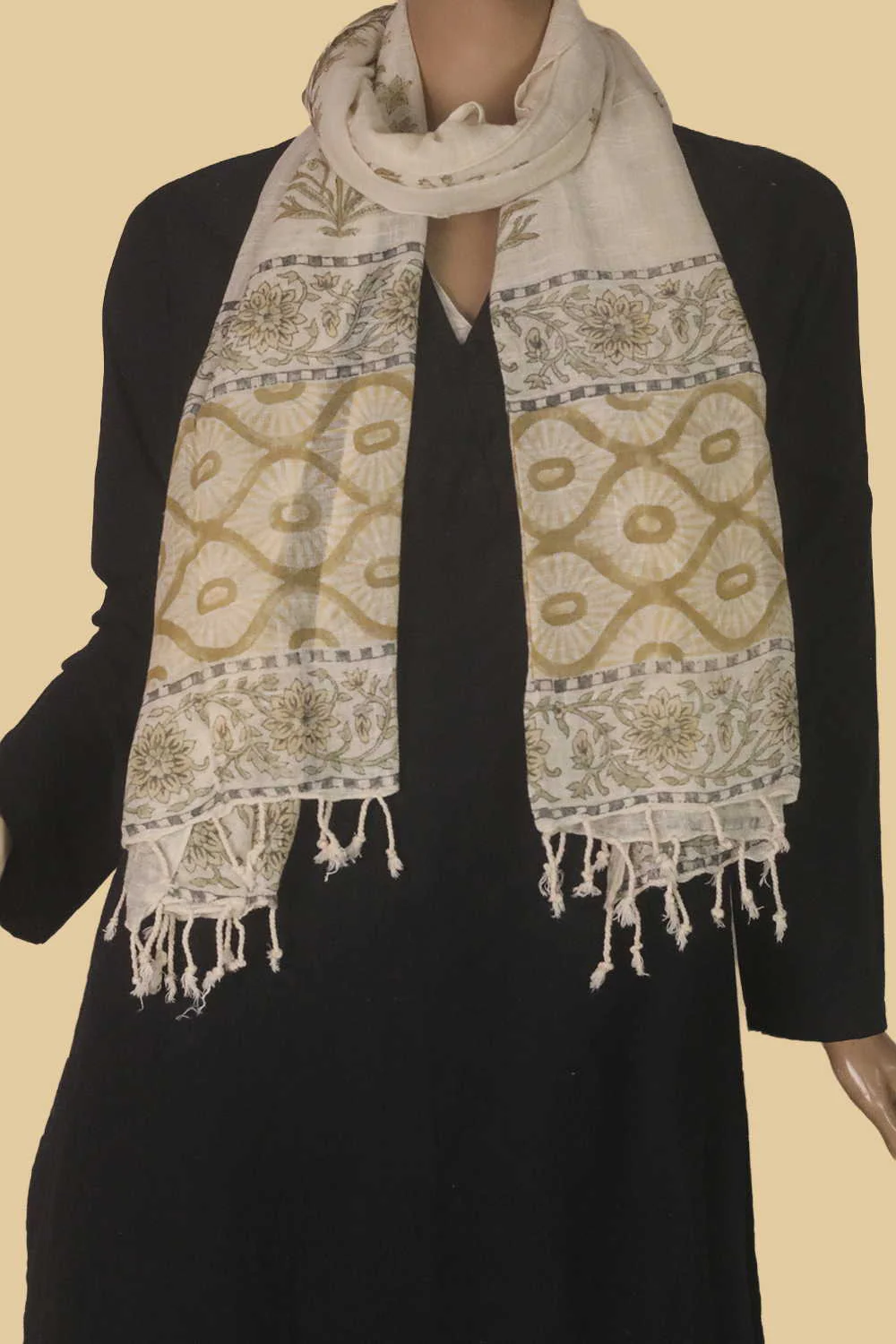 Big Butta on Cream Block Printed Slub Cotton Stole