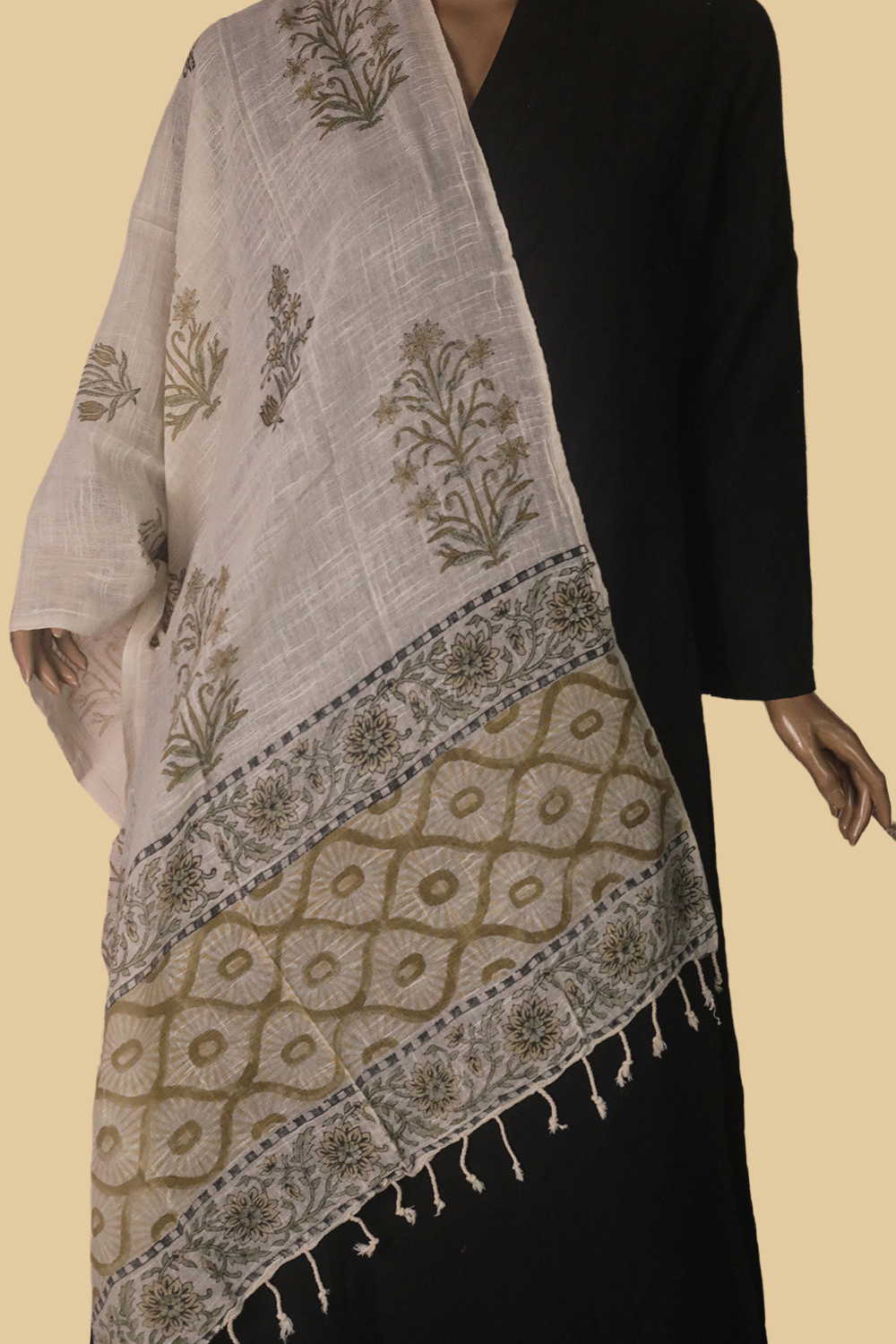 Big Butta on Cream Block Printed Slub Cotton Stole - Image 3
