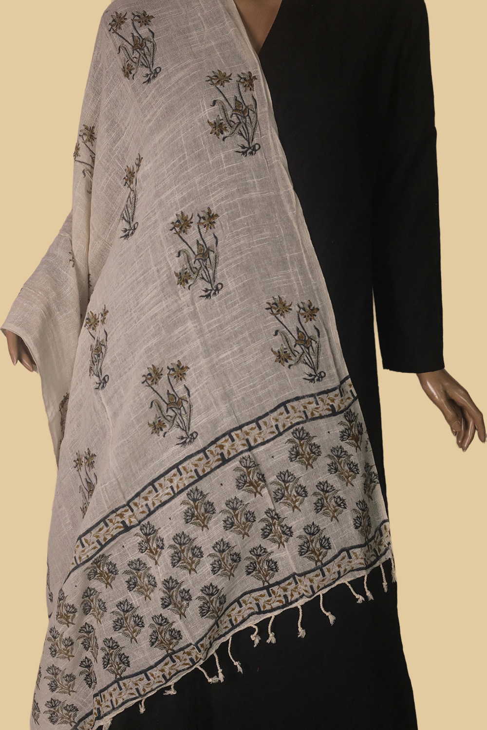 Ivory Bloom Trail Block Printed Slub Cotton Stole