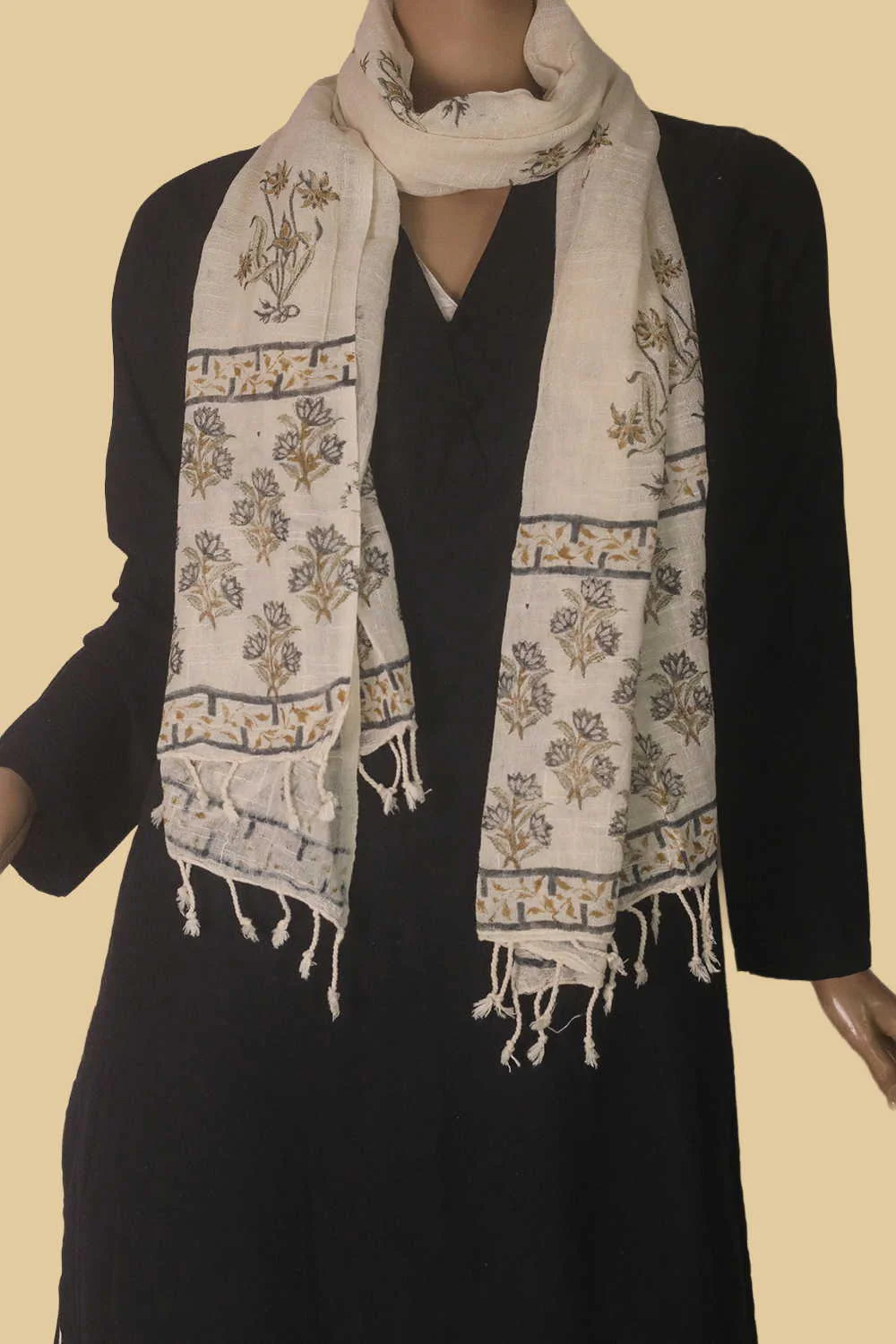 Ivory Bloom Trail Block Printed Slub Cotton Stole - Image 3