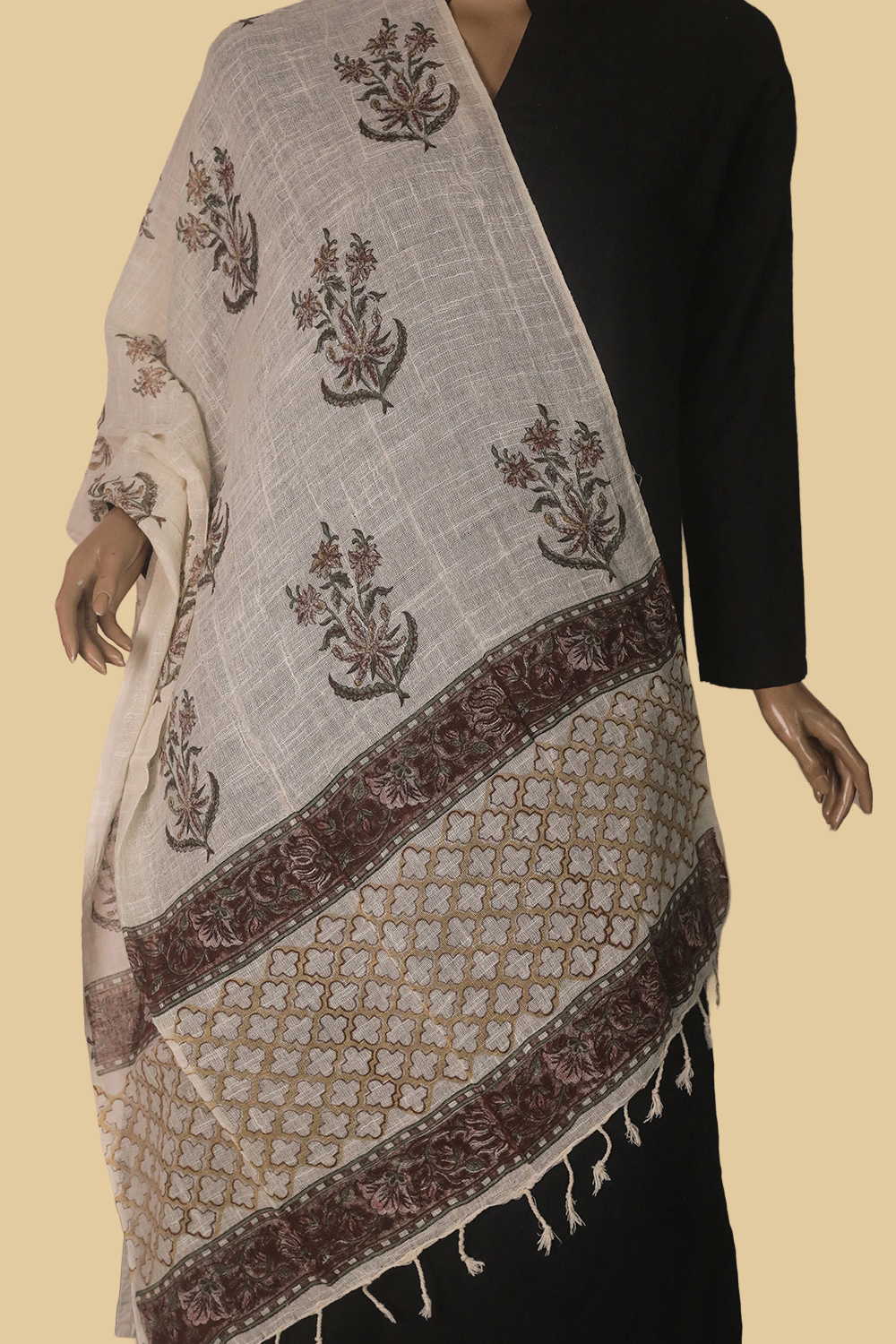 Crimson Bloom Trail Block Printed Slub Cotton Stole