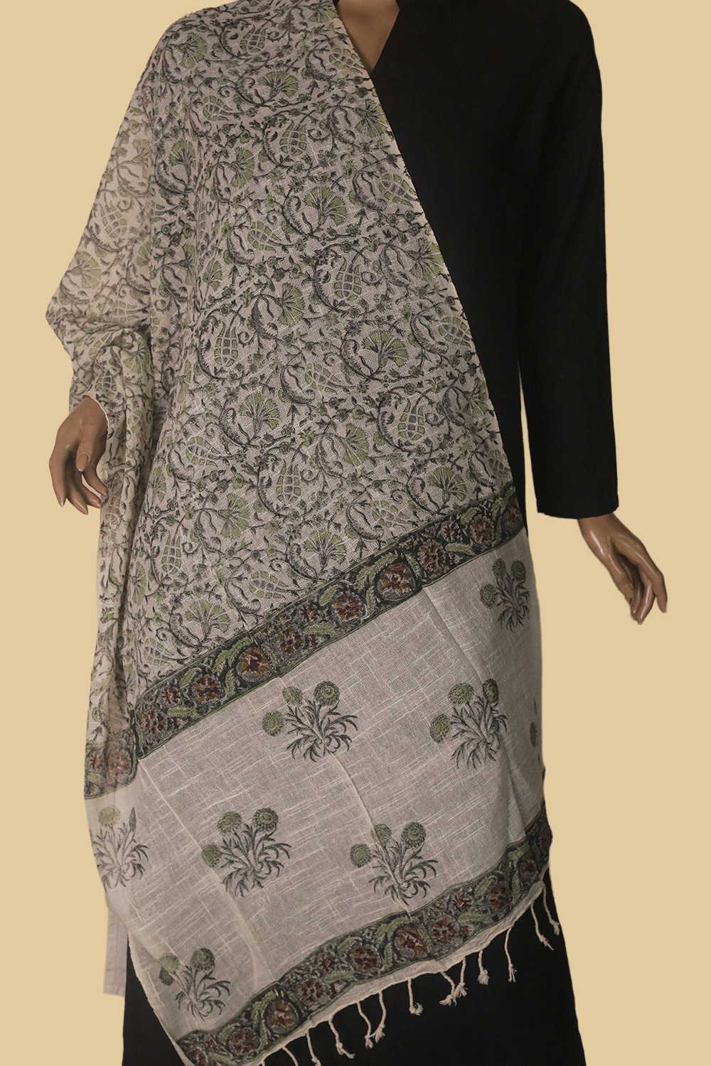 Floral Pattern Block Printed Slub Cotton Stole