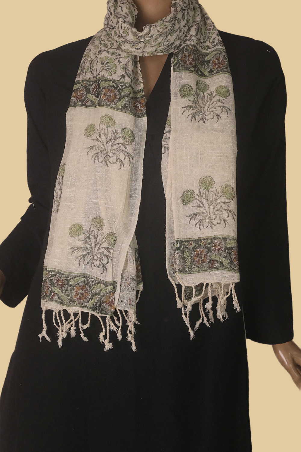 Floral Pattern Block Printed Slub Cotton Stole - Image 2