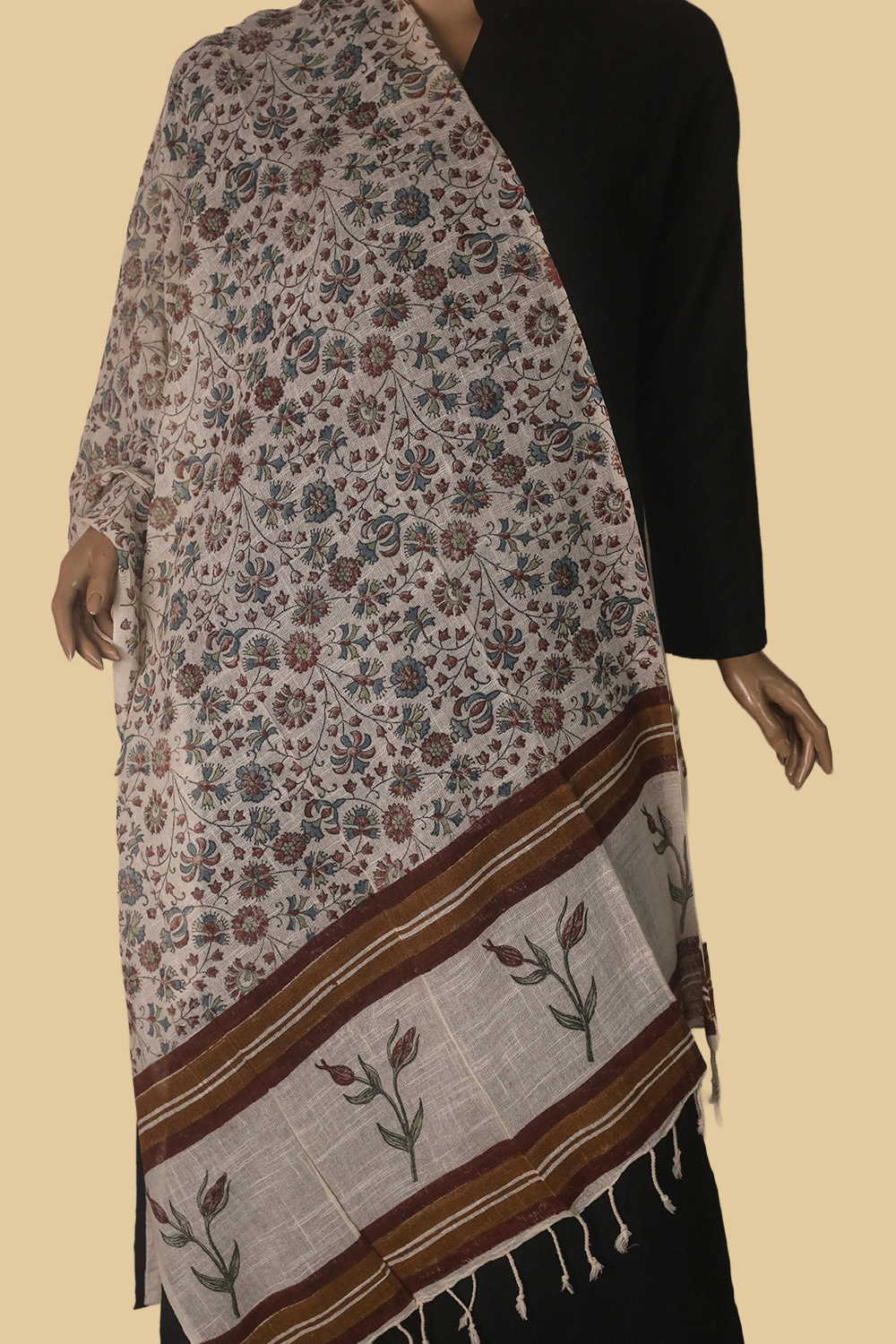 Floral Design Block Printed Slub Cotton Stole