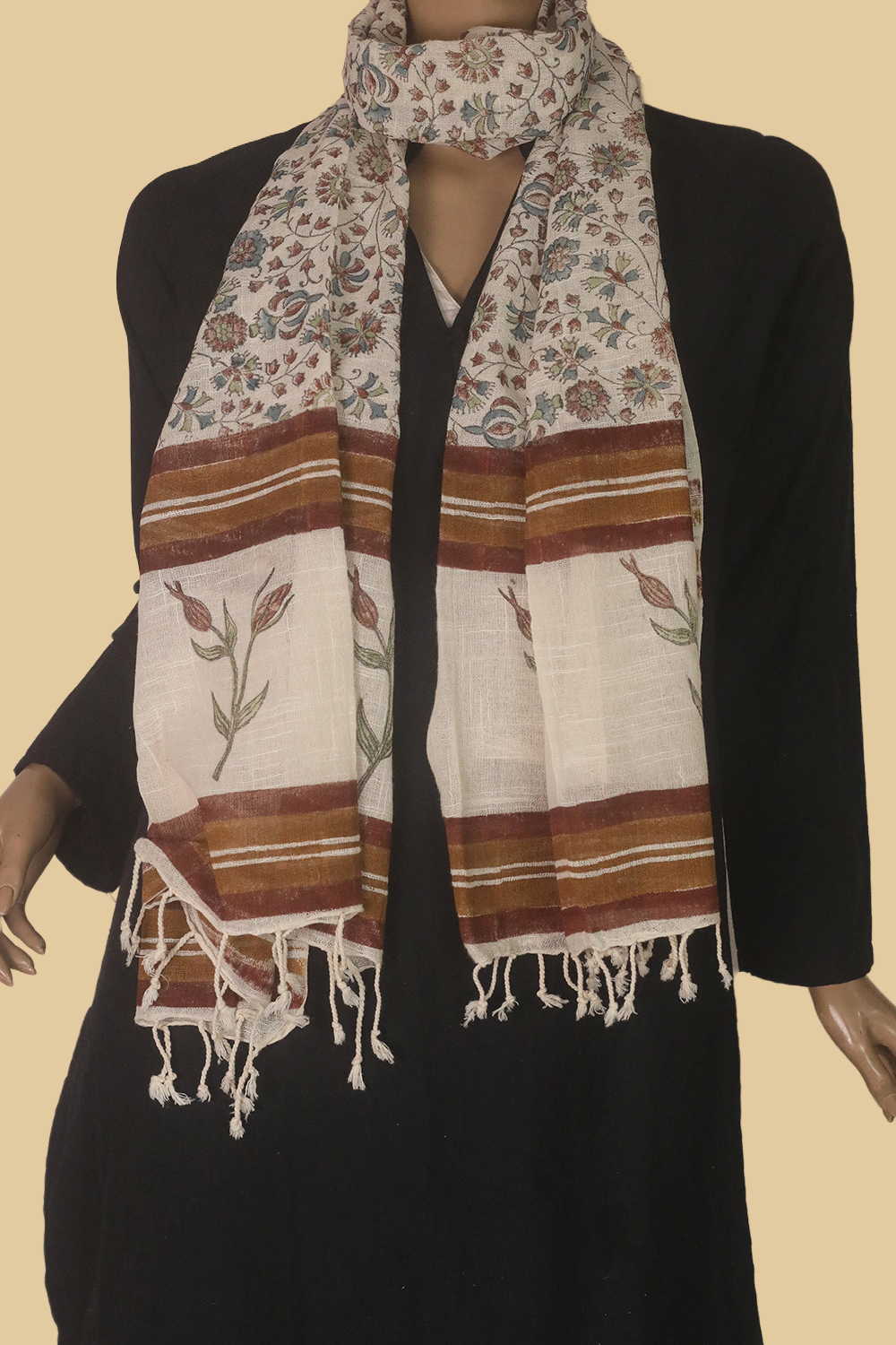 Floral Design Block Printed Slub Cotton Stole - Image 2