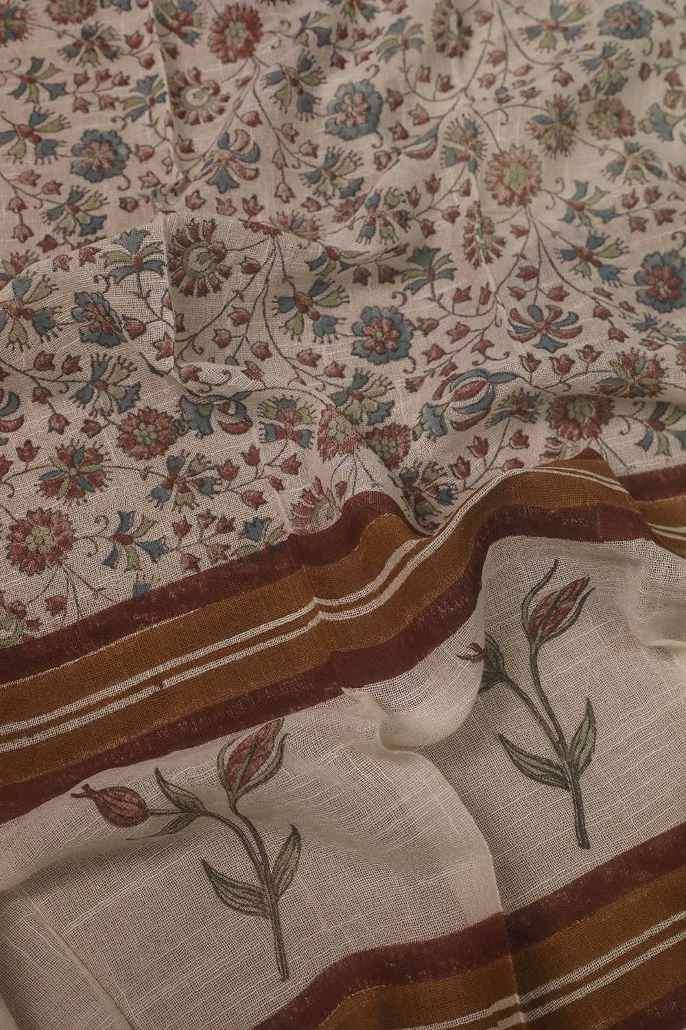 Floral Design Block Printed Slub Cotton Stole - Image 3
