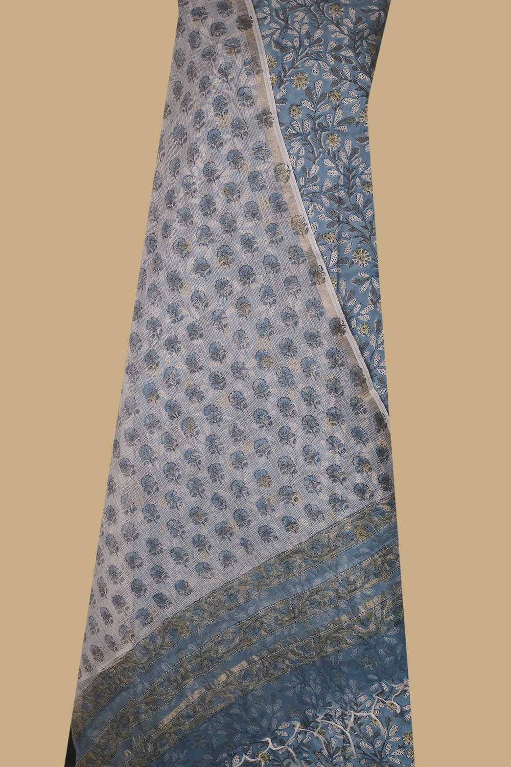 Leafy Floral on Blue Block Printed Cotton Suit - Image 2