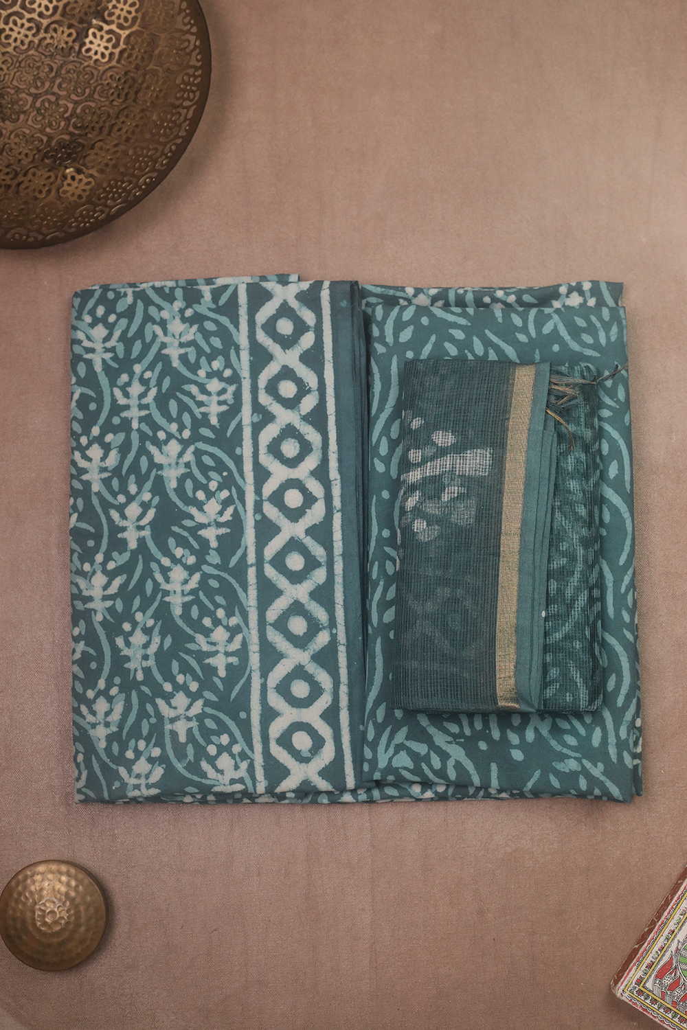 Green Block Printed Cotton Suit