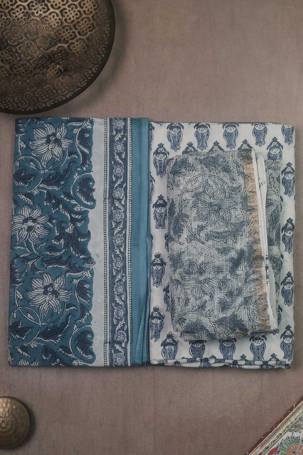 Blue Garden Block Printed Cotton Suit
